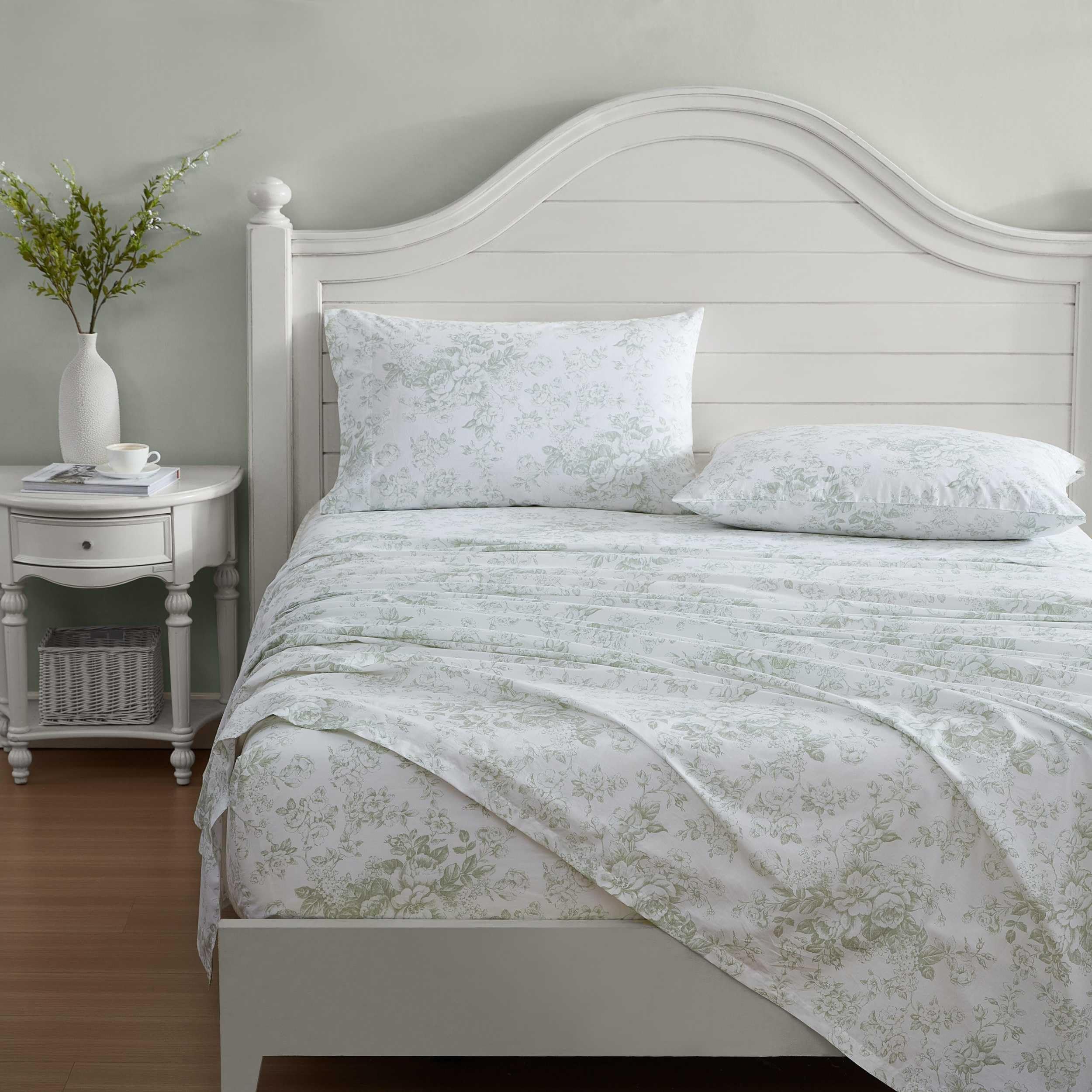 Laura Ashley - Twin Sheets, Cotton Percale Bedding Set, Lightweight & Breathable Home Decor (Toile Delight Green, Twin)