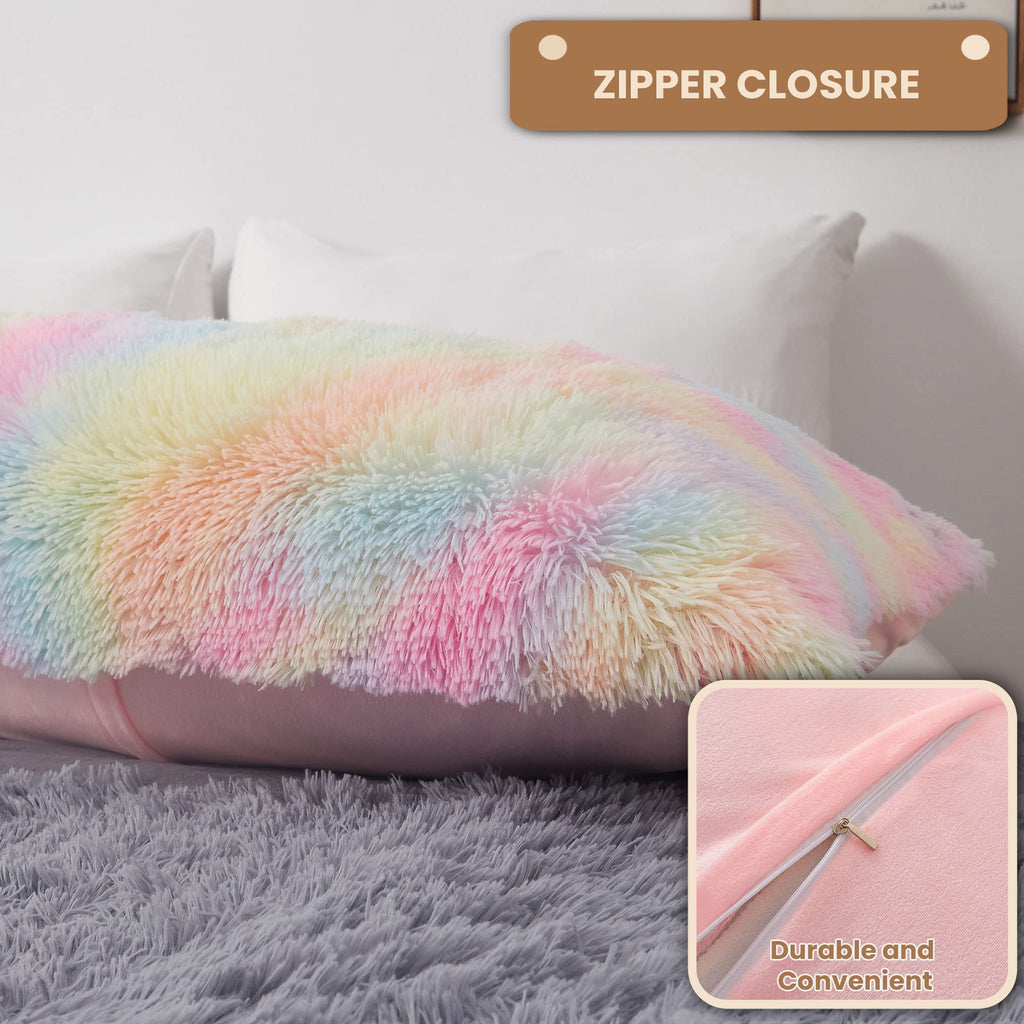 Mego Rainbow Print Fluffy Body Pillow Cover, 20X54 Shaggy Faux Fur Body Pillow Case, Tie Dye Soft Plush Fuzzy Body Pillowcase, F