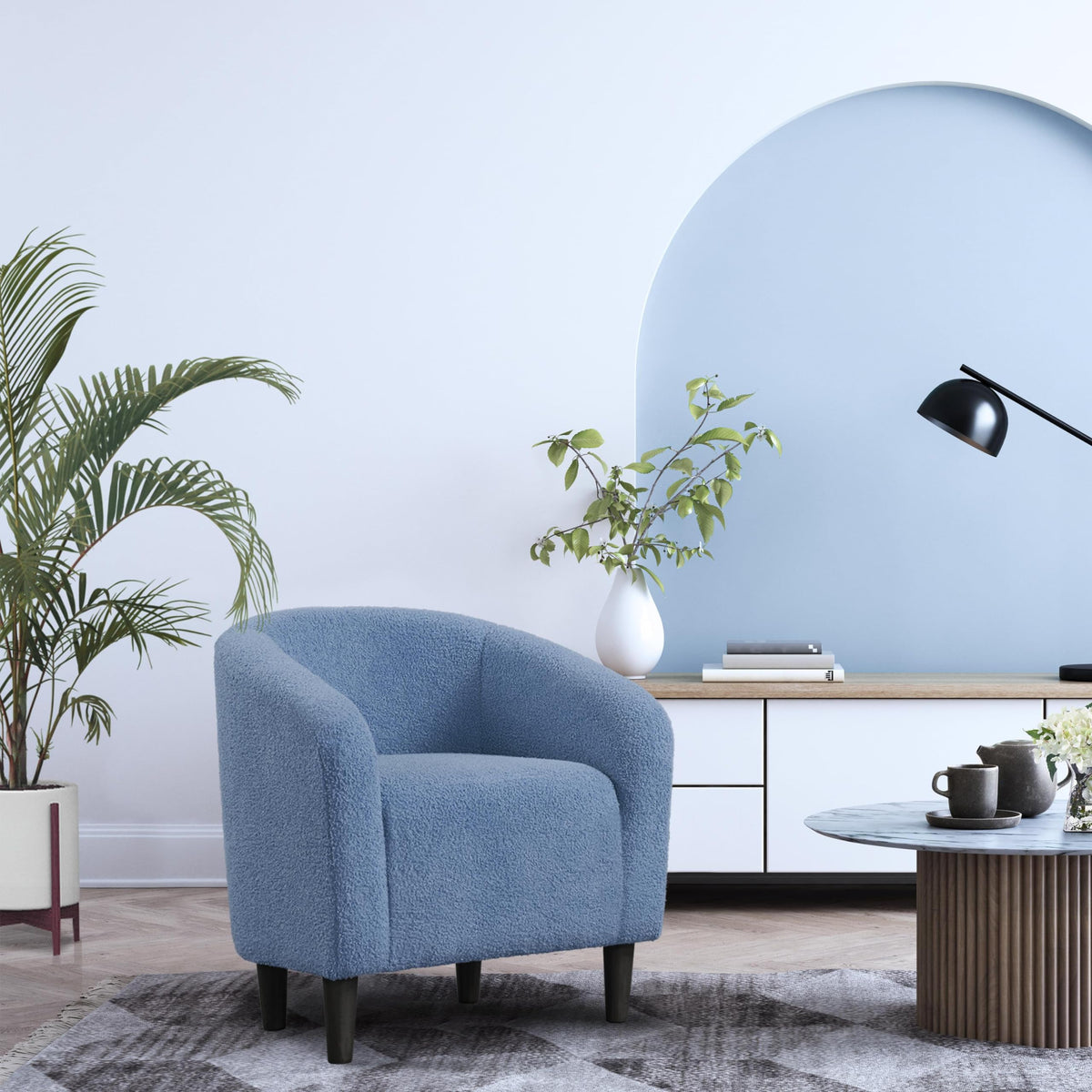 Yaheetech Accent Barrel Chair, Boucle Fabric Club Chair, Furry Sherpa Elegant Armchair With Cozy Soft Padded, Suitable For Living Room Bedroom Reception Room Office, Blue