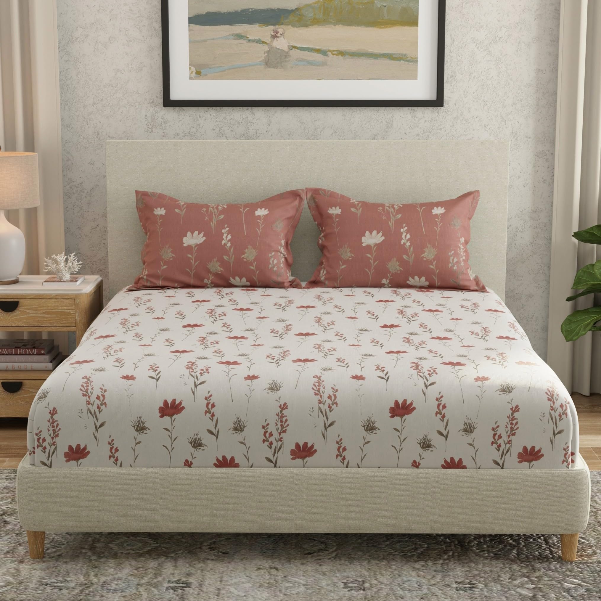 Huesland By Ahmedabad Cotton 144 Tc Cotton Bedsheet For Double Bed King Size With 2 Pillow Covers | White, Rust & Grey