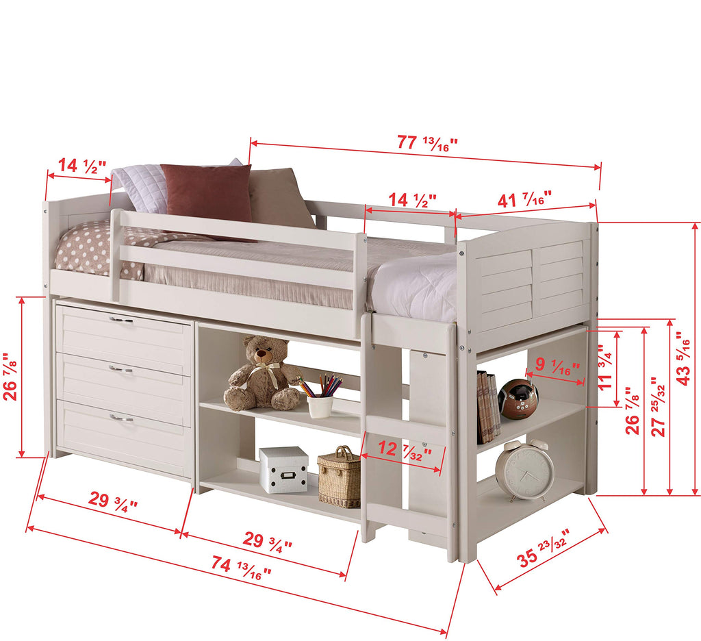 Donco Kids Louver Panel Twin Modular Low Loft Bed in White Finish - Combo Set B