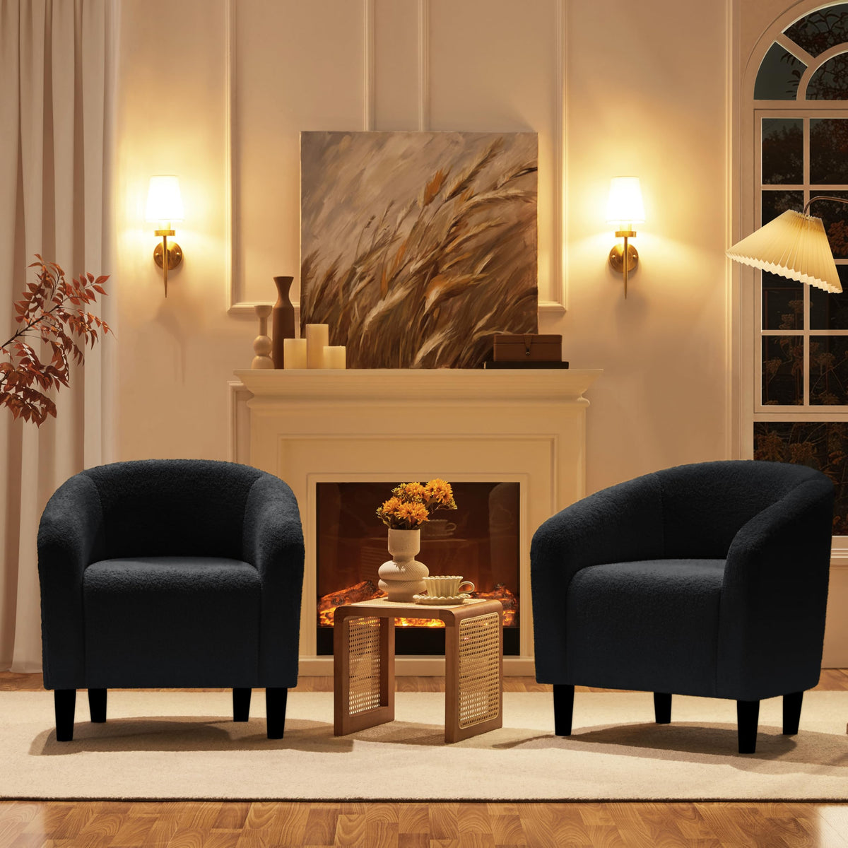 Yaheetech Accent Barrel Chair, Boucle Fabric Club Chair, Furry Sherpa Elegant Armchair With Cozy Soft Padded, Suitable For Living Room Bedroom Reception Room Office, Black