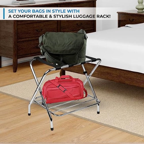 2-Tier Folding X-Shaped Luggage Rack, 50 lb Capacity, Chrome Finish