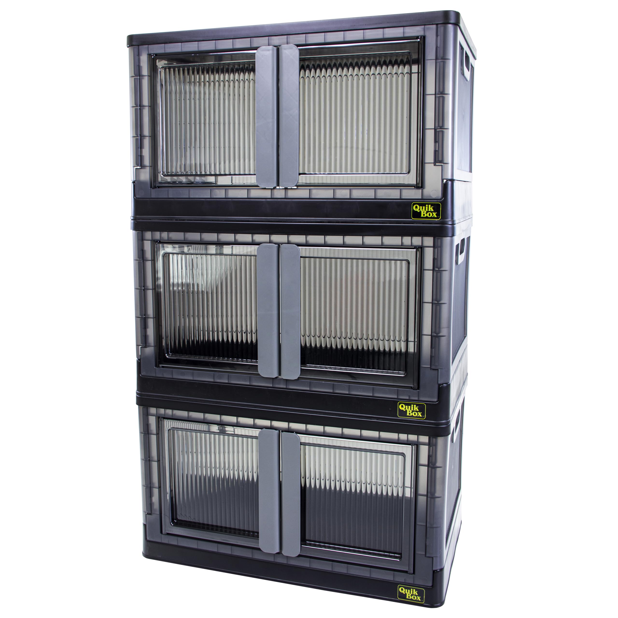 dbest products Quik Box - 19 Gallon 3 Pack Stackable Storage Bins with Doors, Collapsible Organizer Foldable Container, for Bedr