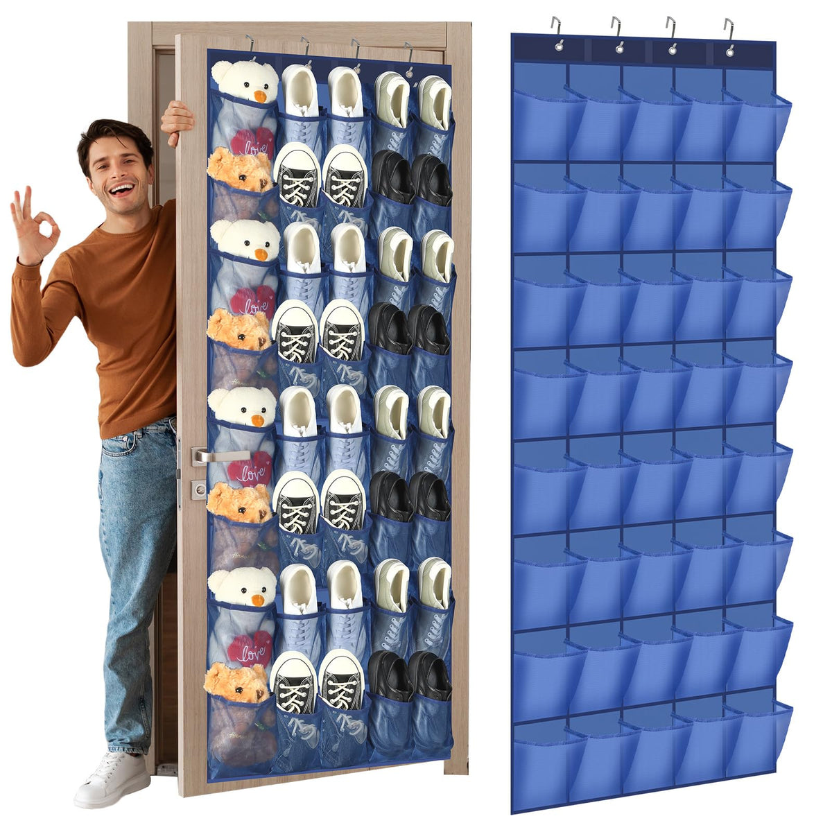 Windyun 40 Large Over The Door Hanging Shoe Organizer Navy Blue Mesh Pockets Shoe Rack For Closet Behind Door Hanger Storage Hol