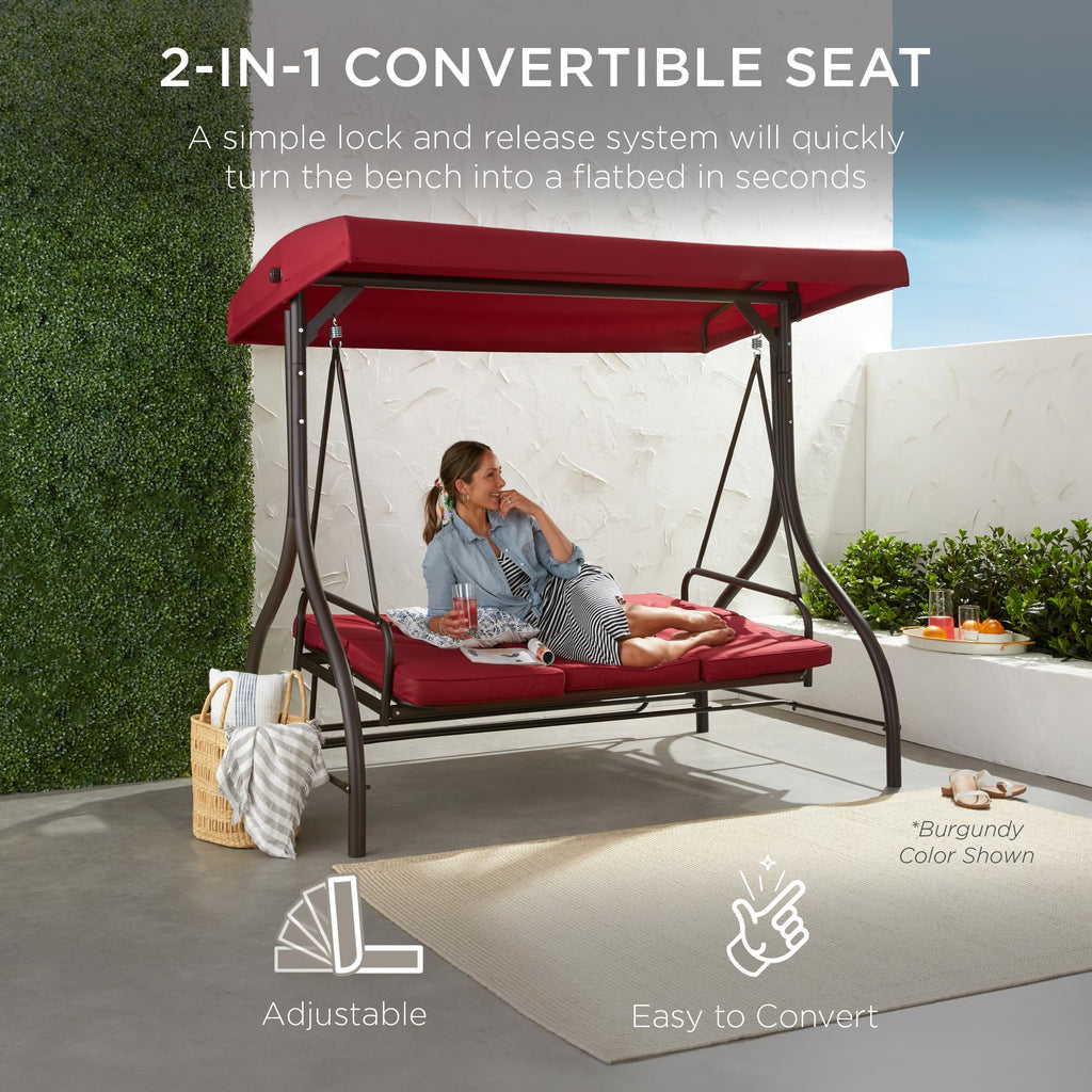 Best Choice Products 3-Seat Outdoor Large Converting Canopy Swing Glider, Patio Hammock Lounge Chair For Porch, Backyard W/Flatbed, Adjustable Shade, Removable Cushions - Midnight Green