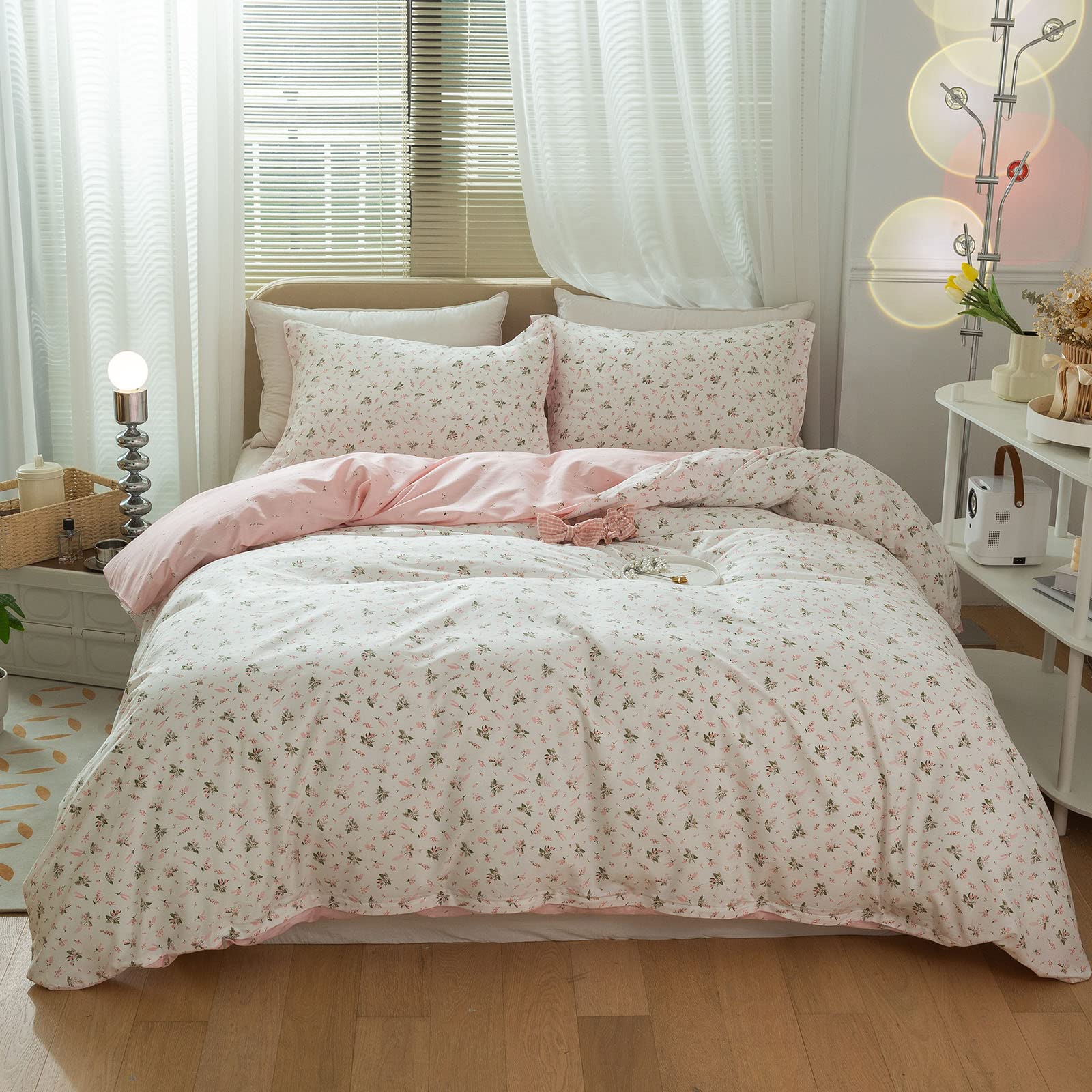 Floral Girls Duvet Cover Full Size Cotton Pink Floral Duvet Cover Chic Garden Flower Bedding Sets Lightweight Soft Aesthetic Flo