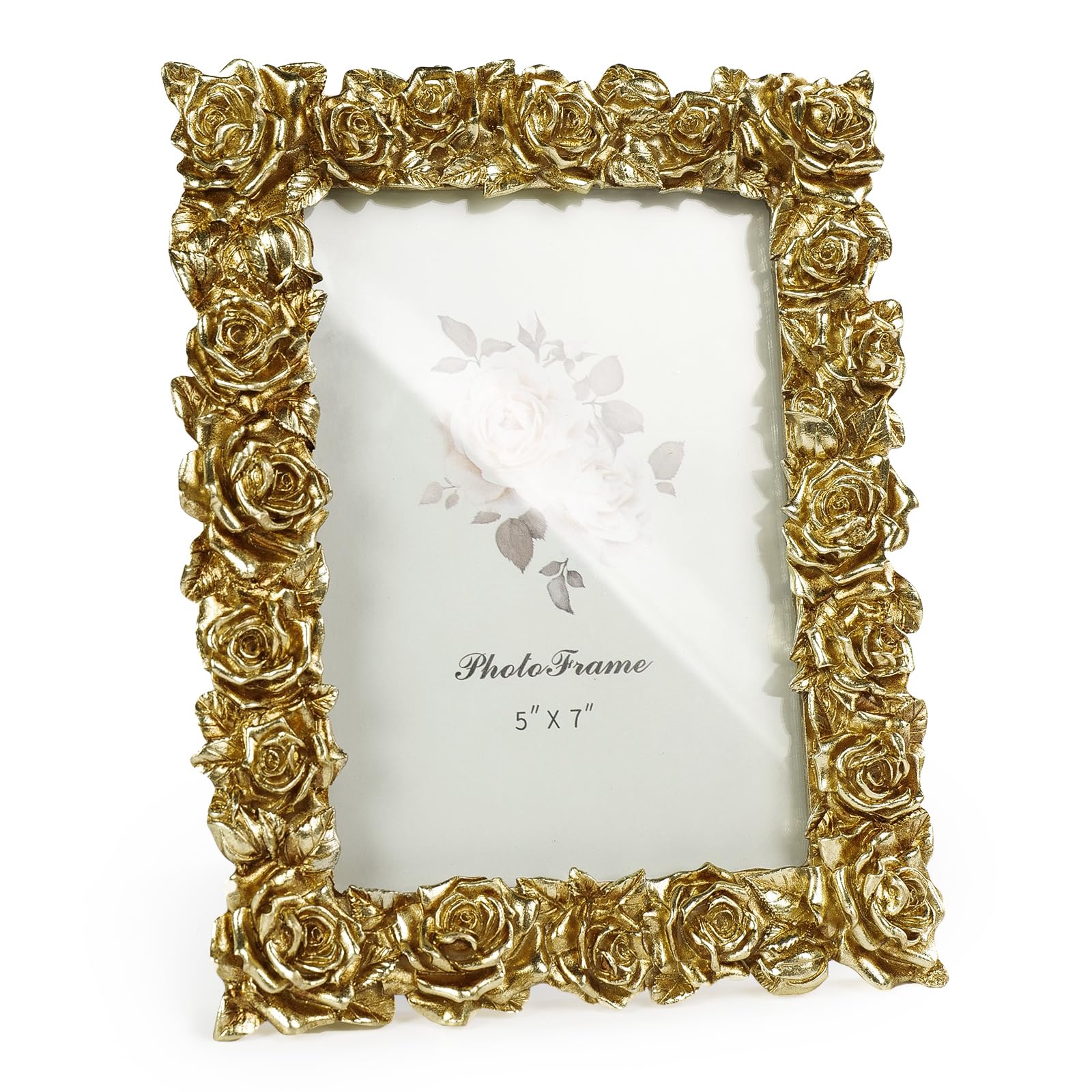 VAN GOGH ART Vintage Gold 5x7 Picture Frame, Gold Ornate Rose Flower Resin Photo Frame with Glass Front for Tabletop, Antique Pi