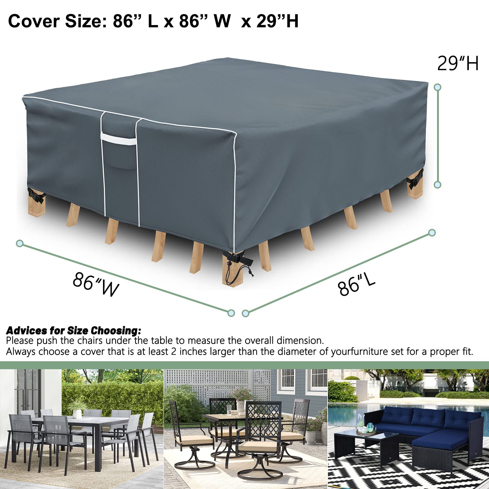 Patio Furniture Covers Waterproof, Square Outdoor Table Cover, 500D Heavy Duty, All Weather Protection Patio Covers For Outdoor Dining Table Set, 86' L X 86' W X 29' H -Grey