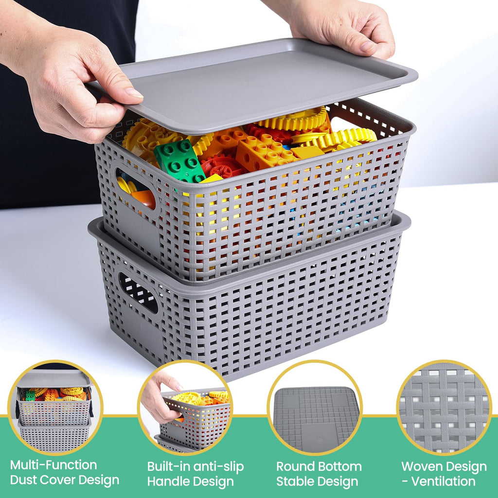 Plastic Storage Baskets With Lid-Plastic Storage Containers Stackable Storage Bins: Storage Baskets For Organizing Shelves Drawe