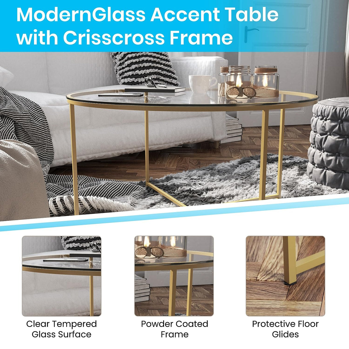 Flash Furniture Greenwich Collection Coffee Table - Modern Clear Glass Coffee Table - Crisscross Brushed Gold Frame
