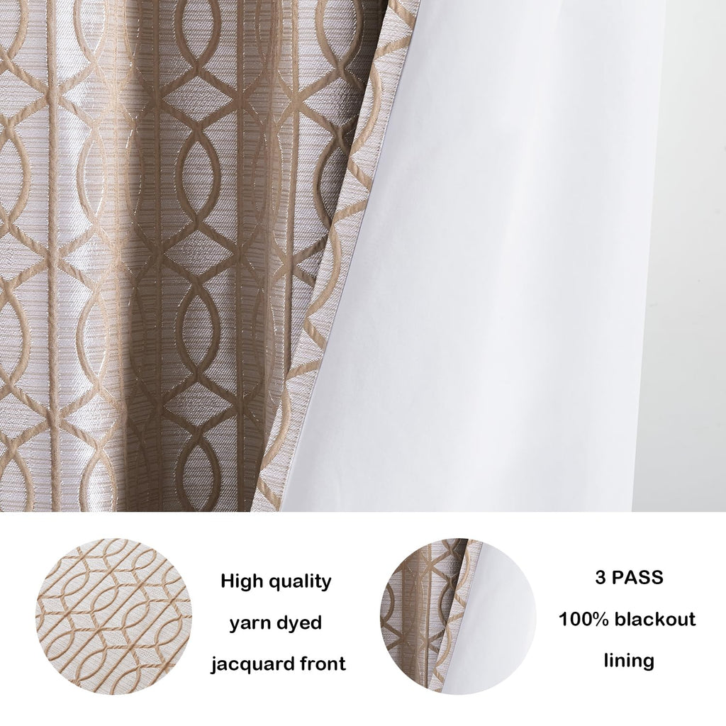 Light Khaki And Silvery 100% Blackout Curtains 63 Inch Length 2 Panels, Jacquard Thermal Insulated Noise Reducing Grommet Drapes