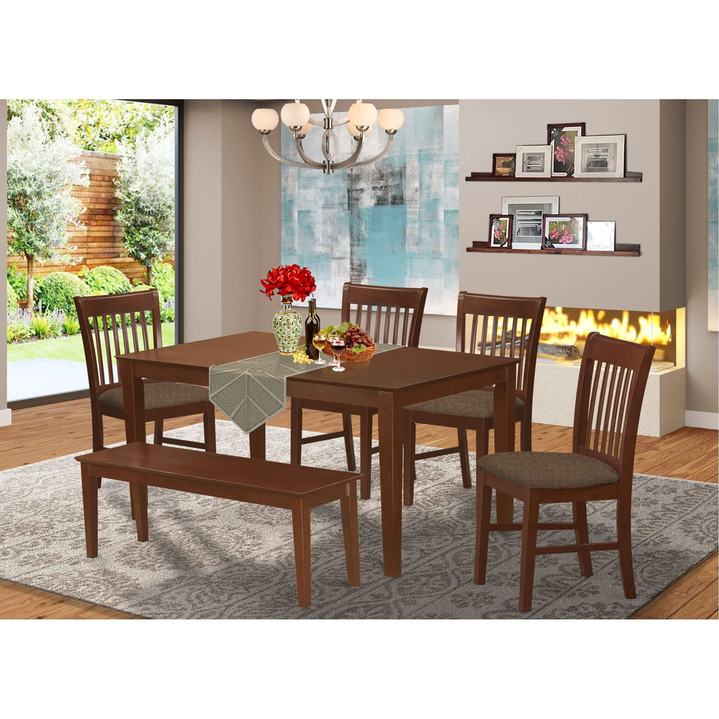 East West Furniture Capri 6 Piece Modern Dining Set Contains a Rectangle Wooden Table and 4 Linen Fabric Upholstered Chairs with a Bench, 36x60 Inch, Mahogany