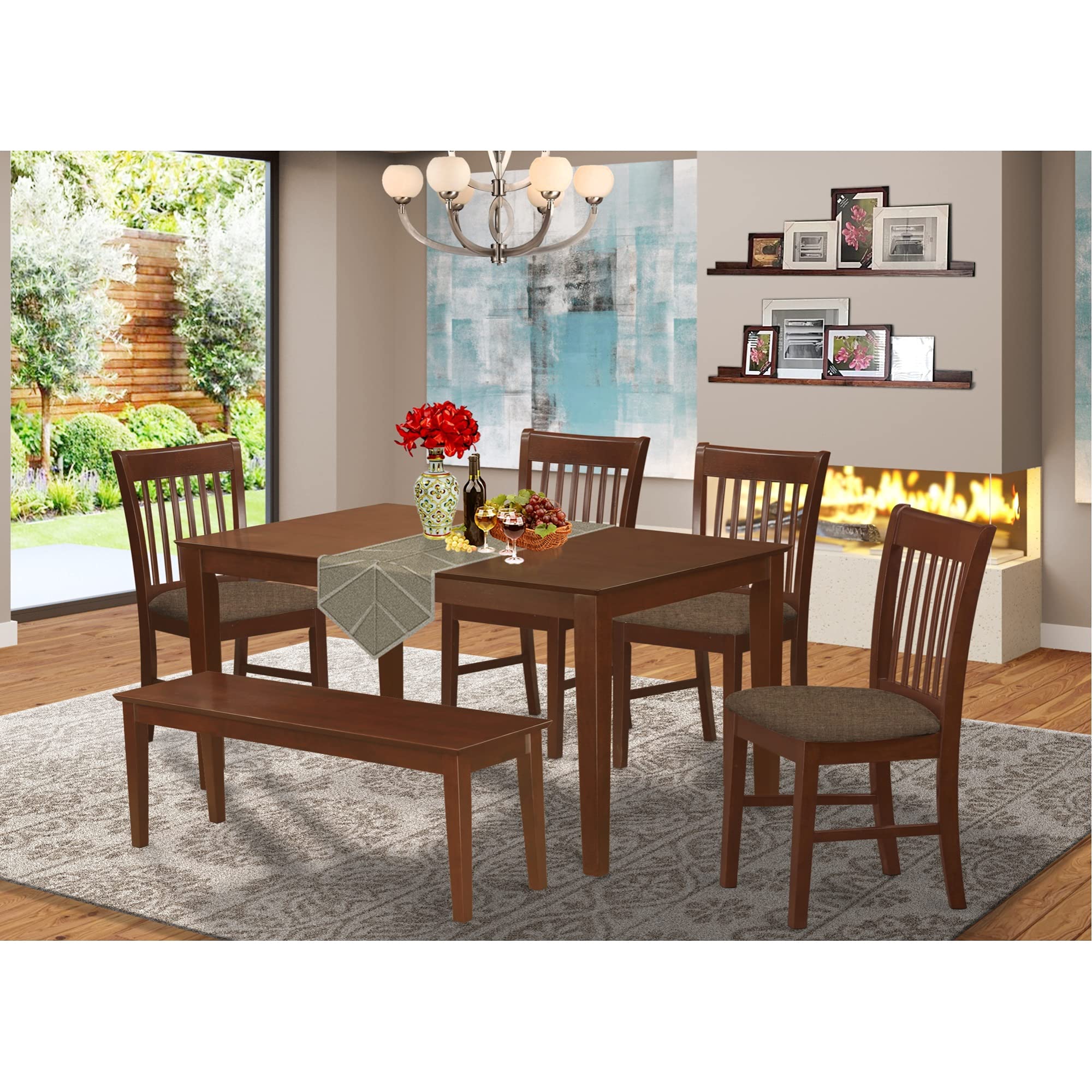 East West Furniture Capri 6 Piece Modern Dining Set Contains a Rectangle Wooden Table and 4 Linen Fabric Upholstered Chairs with a Bench, 36x60 Inch, Mahogany
