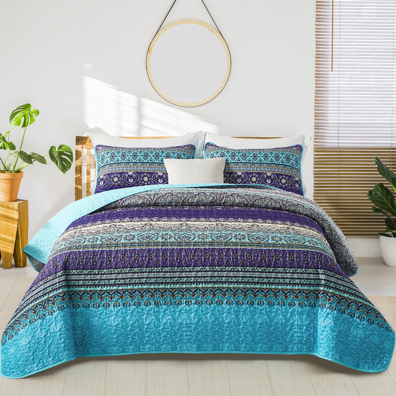 Boho Queen Quilt Set, Purple Bohemian Queen Quilt Bedding Set, Lightweight Microfiber Bed Decor Bedspread For All Season 96'X90