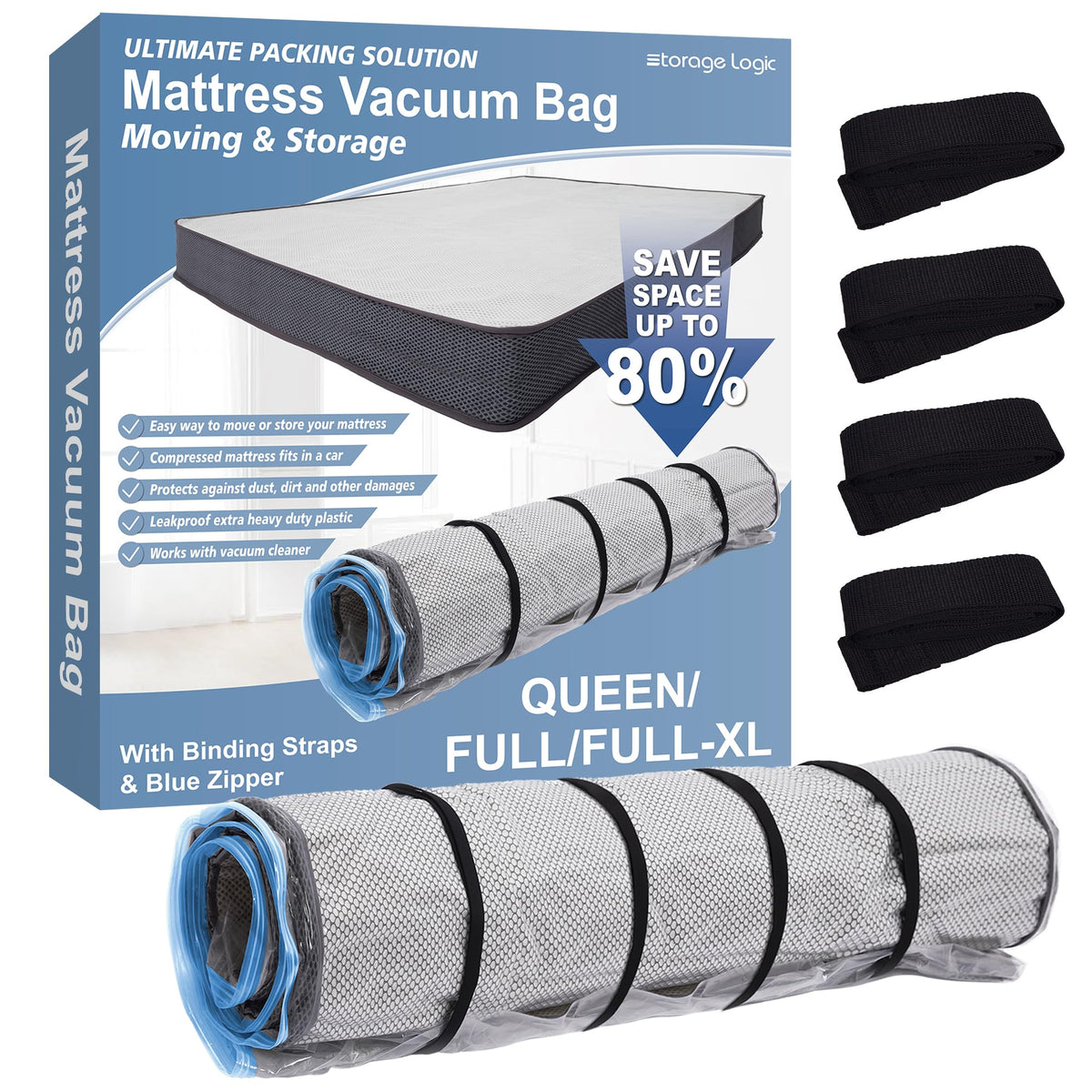 Foam Mattress Vacuum Bag with Blue Zipper & 4 Straps, Queen/Full/Full-XL