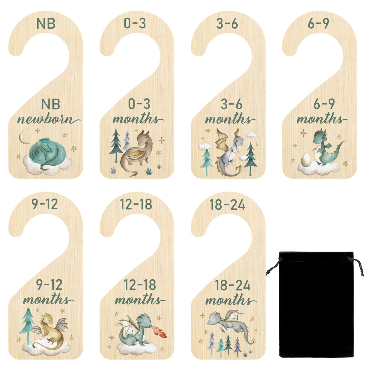 R Horse Wooden Baby Closet Dividers - 8Pcs Dragon Baby Closet Organizer, Double-Sided Newborn Clothes Size Hanger Dividers, Nurs