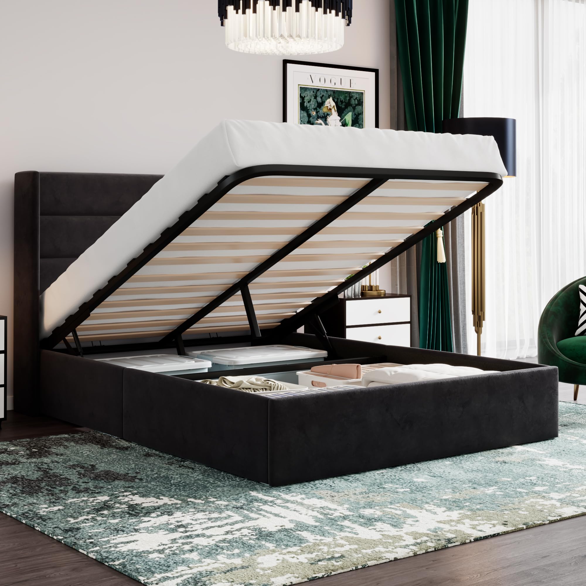 SHA CERLIN Full Size Lift Up Storage Bed/Velvet Upholstered/Modern Wingback Headboard/Upholstered Platform Bed Frame/Hydraulic S