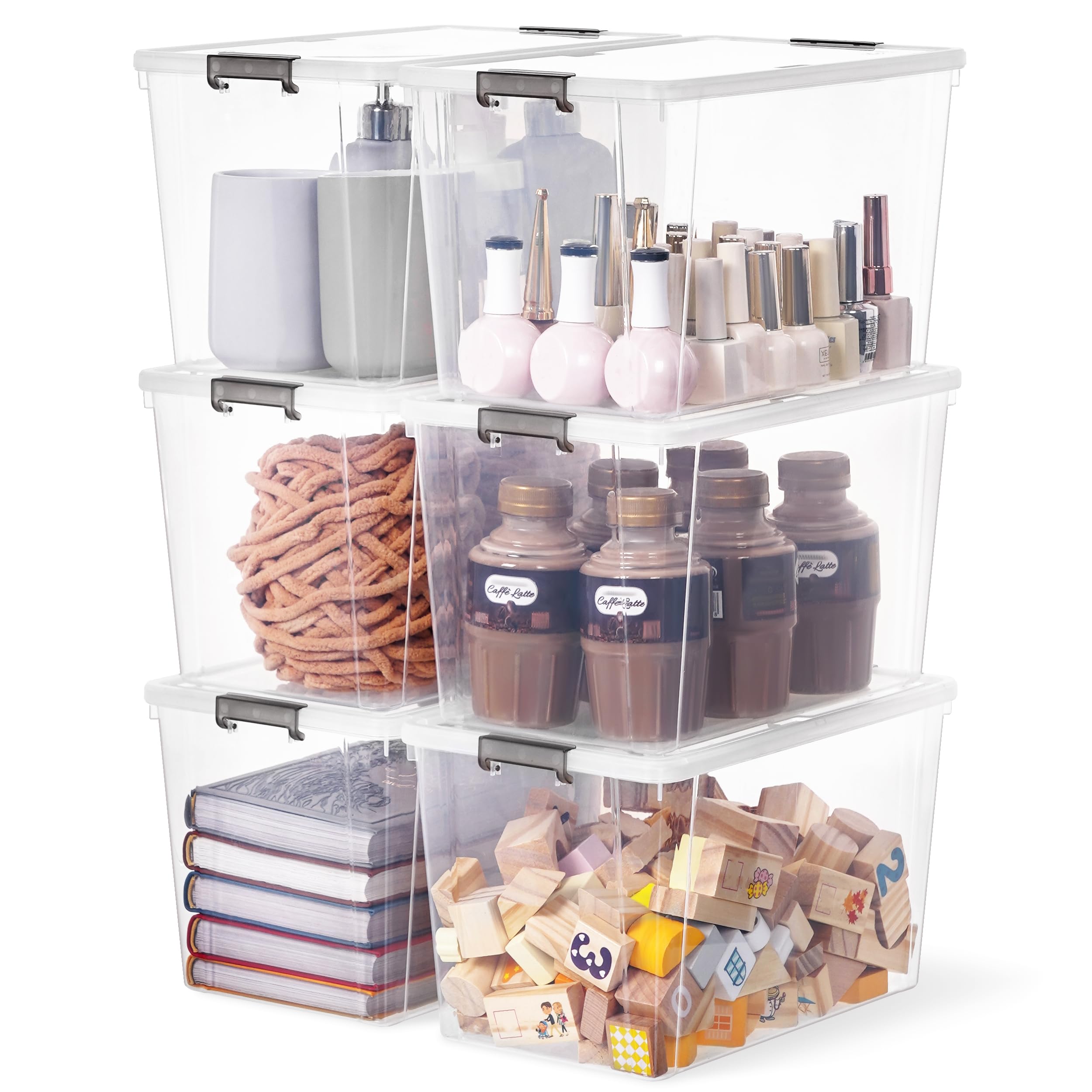 Citylife 7.8 QT 6 Pack Small Storage Bins Plastic Storage Container Stackable Box with Lids for Organizing, Clear White