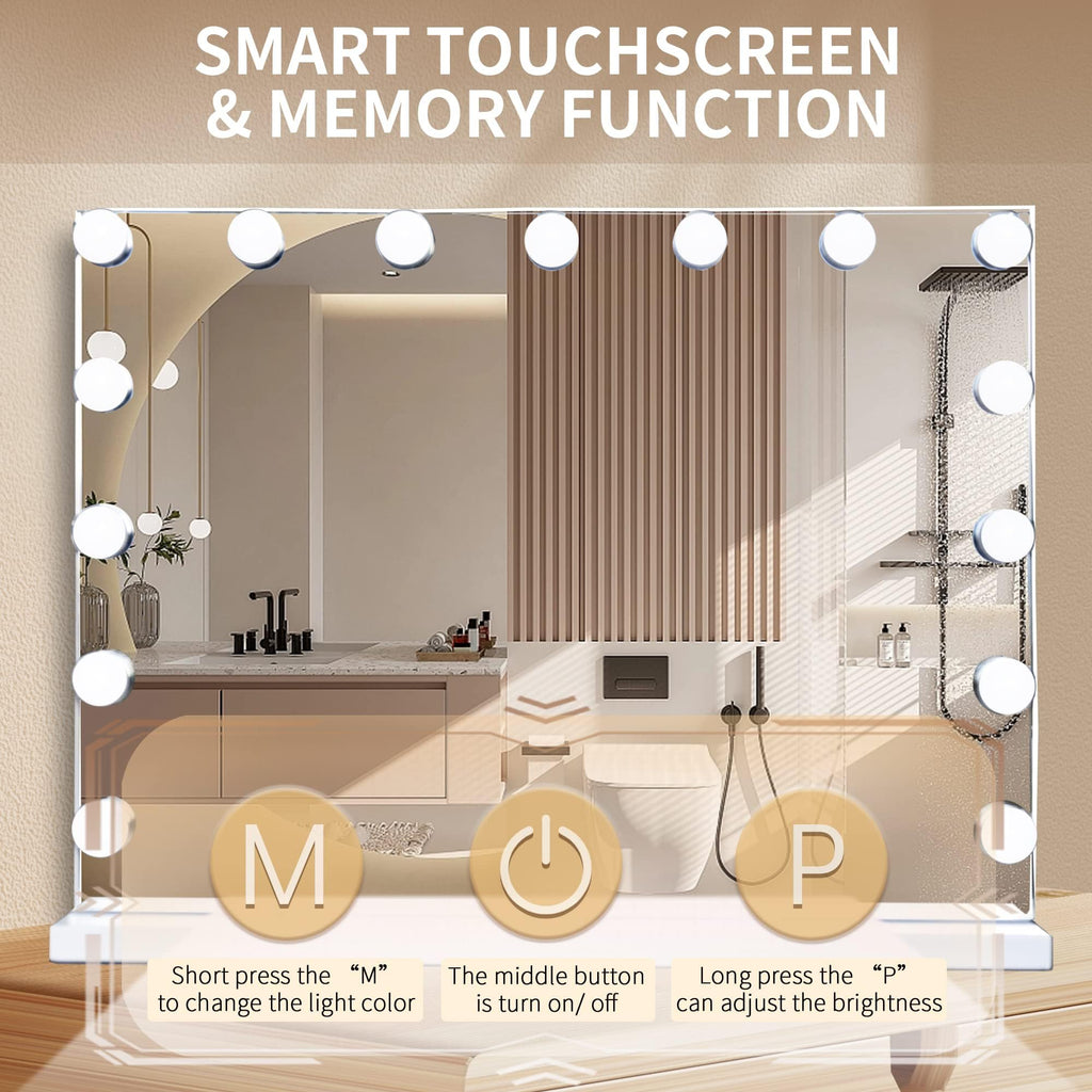 Slimoon Hollywood Vanity Mirror With Lights, 15 Dimmable Led Bulbs 3 Color Lighted Makeup Mirror With Detachable 10X Magnificati