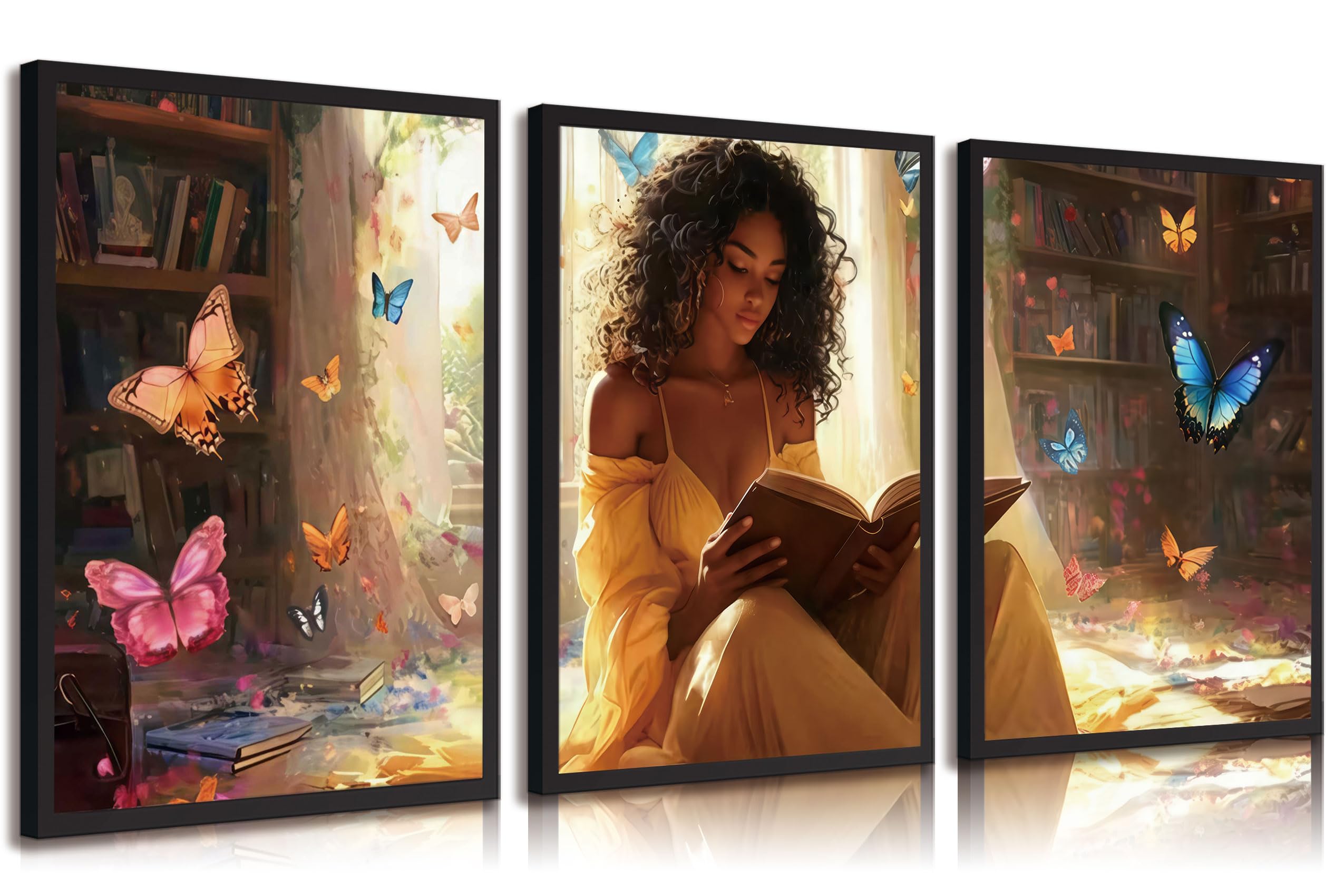 3pcs Black Girl Reading Books Canvas Wall Art Colorful Book Butterflies Posters Prints African American Girl Wall Decor Pictures