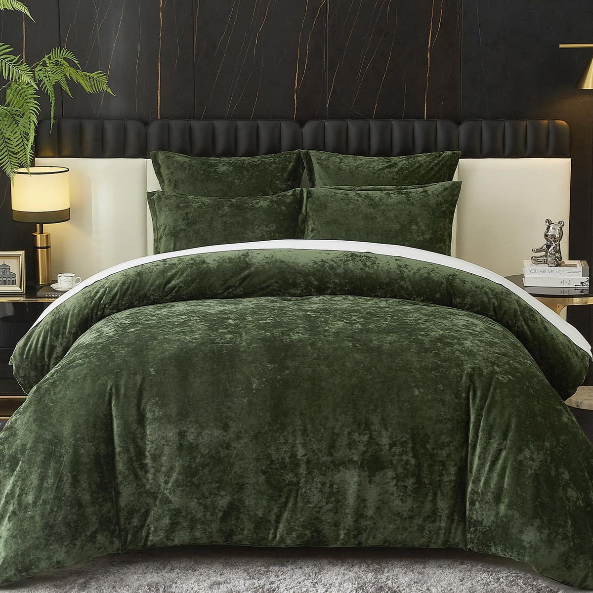 Ivellow Crushed Velvet Comforter Set King Green Comforter Set 5Pcs Ultra Soft Lightweight Breathable Bedding Set Luxury Cozy Fla