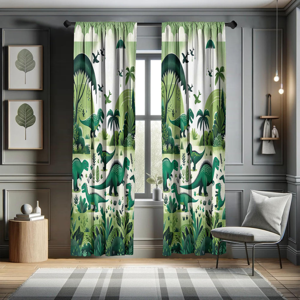 Ambesonne Dinosaur Window Curtains Pack Of 2, Modern Artwork Of Jurassic Scenario With Dino Animals And Wild Jungle, Lightweight