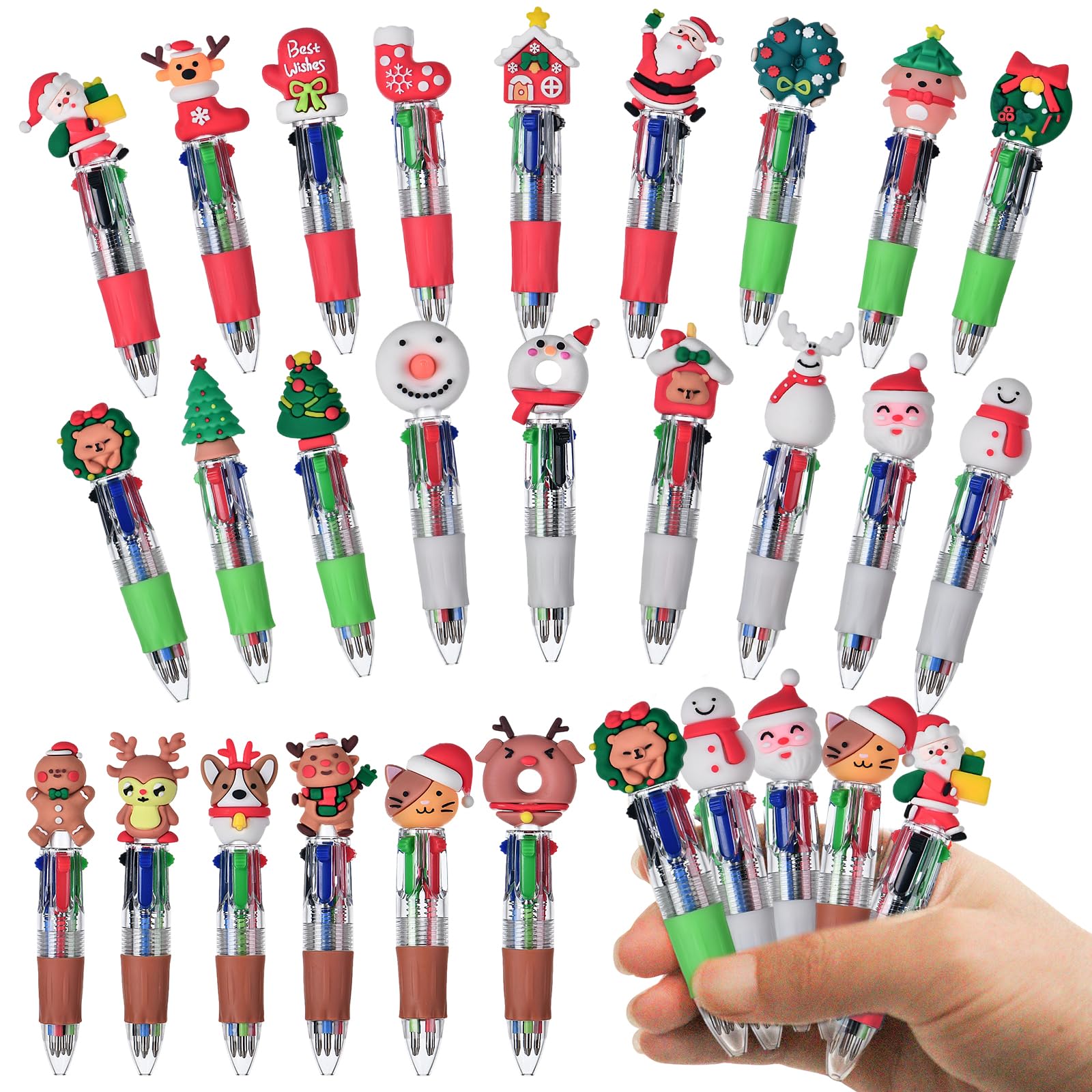 Zhirlyn 24 Pcs Christmas Multicolor Pens in One 4-in-1 Cute Kawaii Fun Pen Xmas Ballpoint Pen for Holiday Party Christmas Stocki