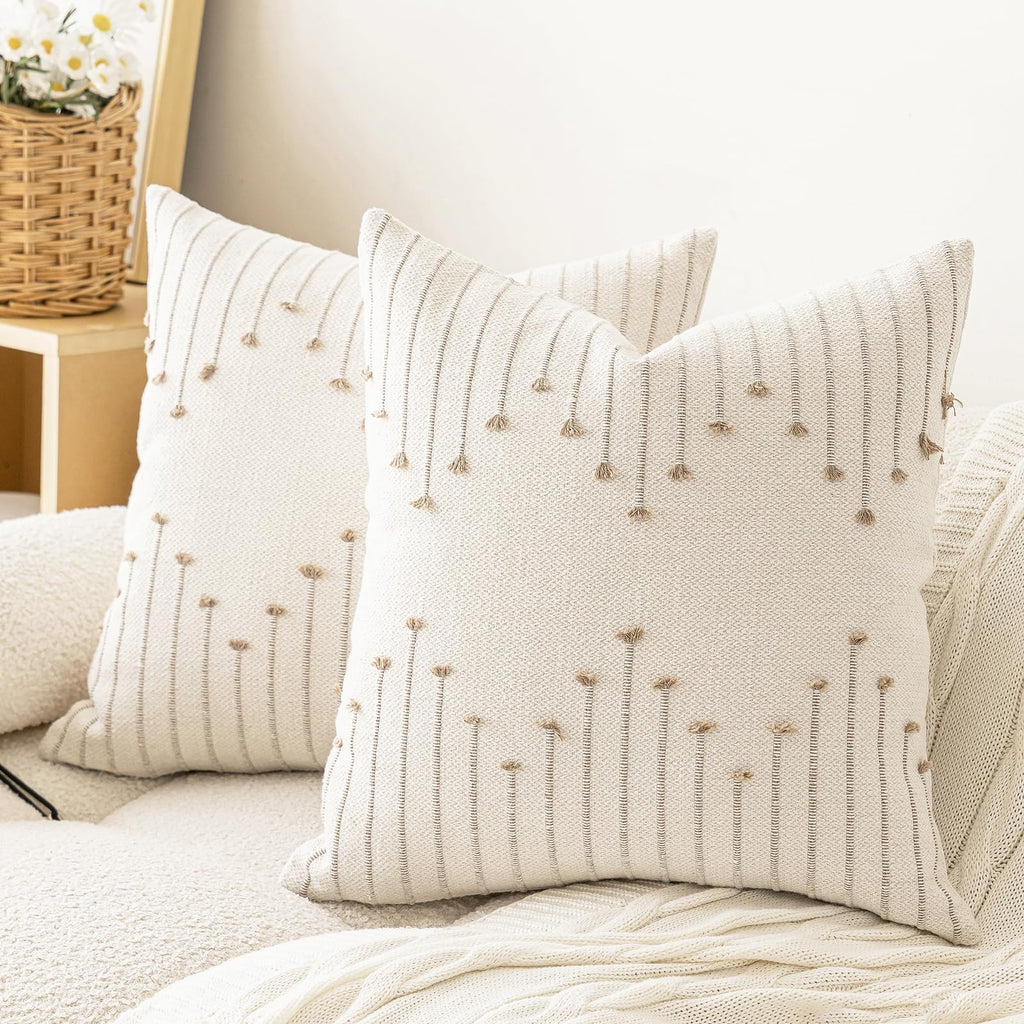 Lilepoy Boho Throw Pillow Covers 18X18 Set Of 2 Neutral Decorative Textured Cushion Case Farmhouse Pillowcase Modern Square Pill