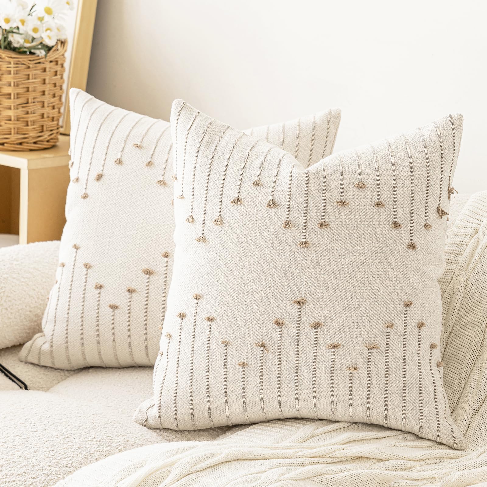 Lilepoy Boho Throw Pillow Covers 18X18 Set Of 2 Neutral Decorative Textured Cushion Case Farmhouse Pillowcase Modern Square Pill