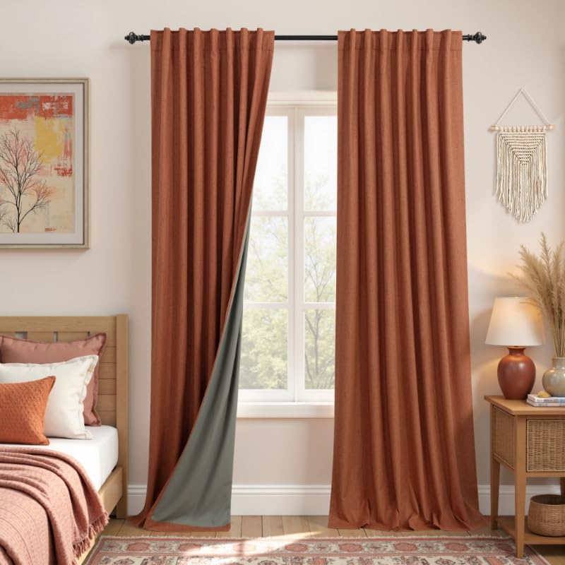 Koufall 52X72 Inches Long Terracotta Back Tab Linen Blackout Curtains