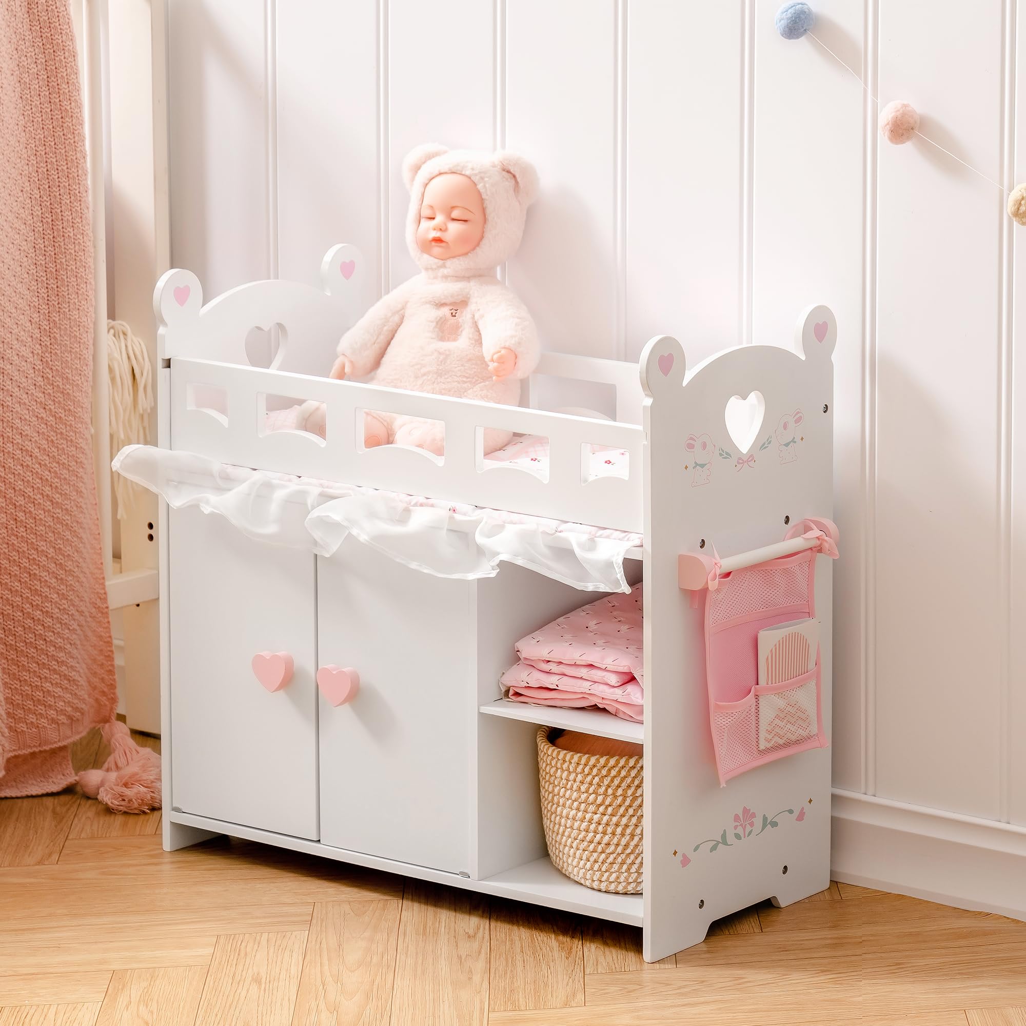 ROBUD Baby Doll Crib, Wooden Doll Bed, Baby Crib Toy with Storage, Bedding, Storage Bag and 3 Hooks, 18-21 inch Doll Accessories
