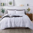 Andency White Full Size Comforter Set, 3 Pieces Lightweight Grid Bedding Comforter Sets, White Black Striped Fluffy Microfiber B