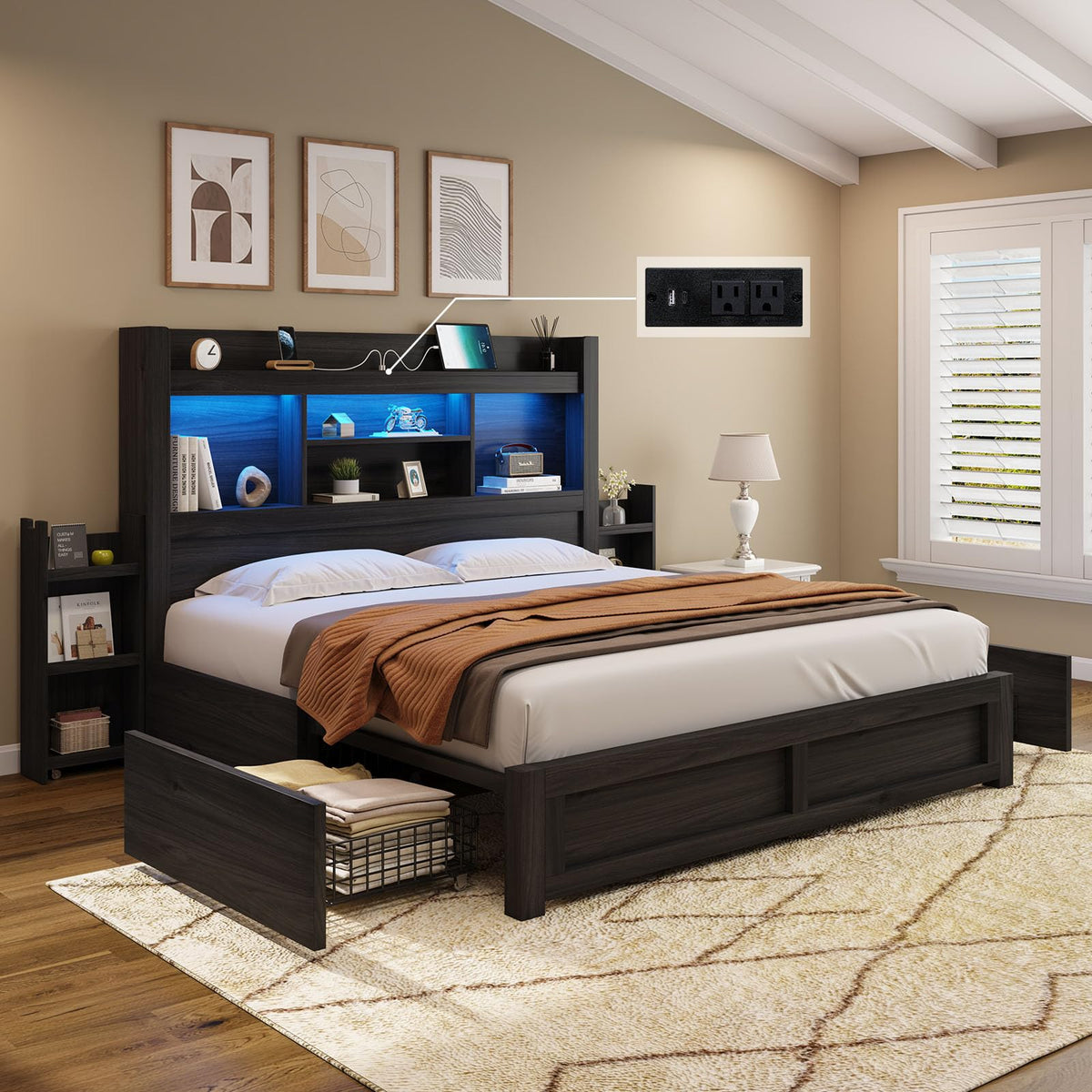 AMERLIFE Queen Bed Frame with 4 Storage Drawers, LED Bed Frame with 49.6 Tall Bookcase Headboard, Wood Platform Bed with Chargin