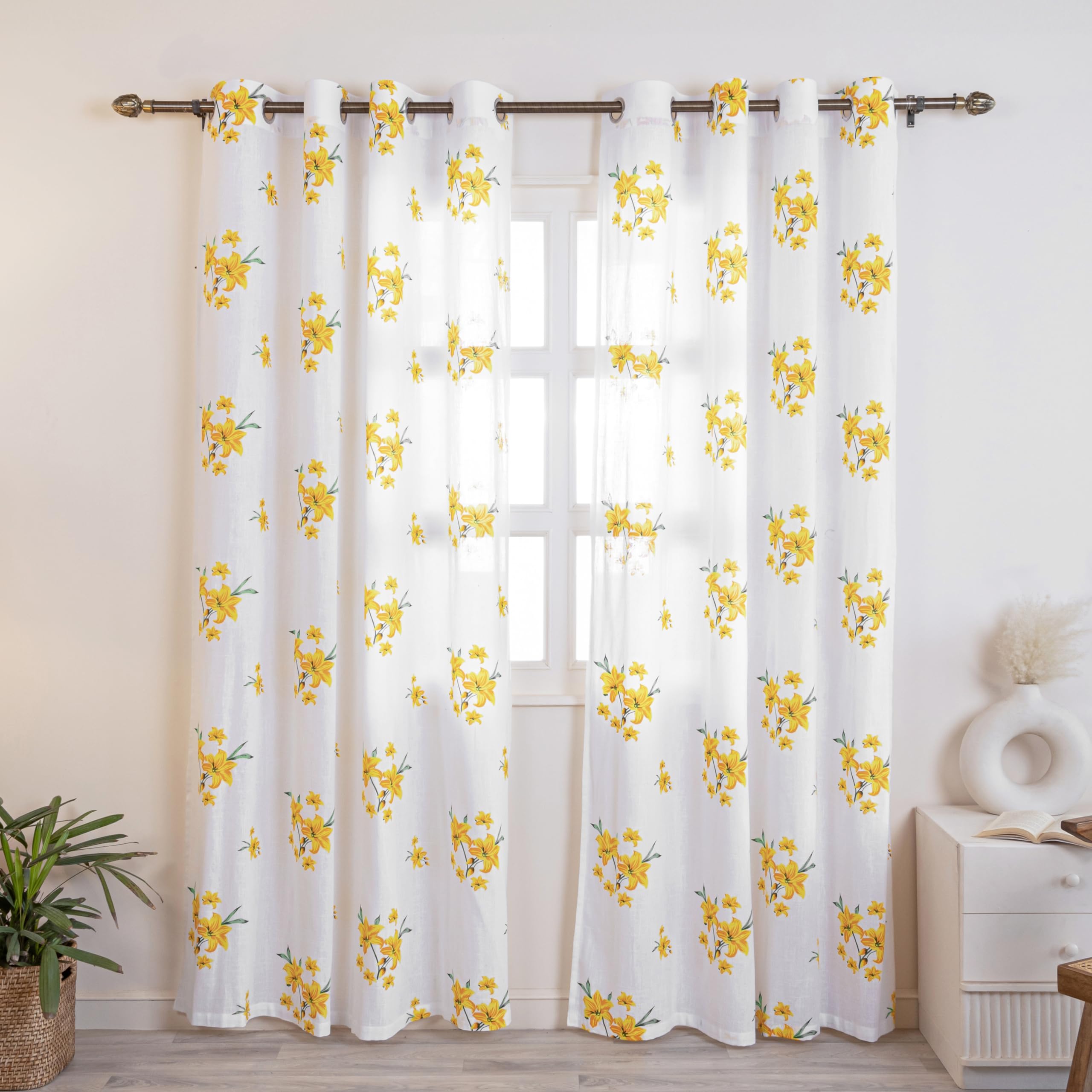 Homemonde Cotton Sheer Customize Curtains Set Of 2  Linen Textured Light Filtering Curtain, Yellow Flower Printed Panels