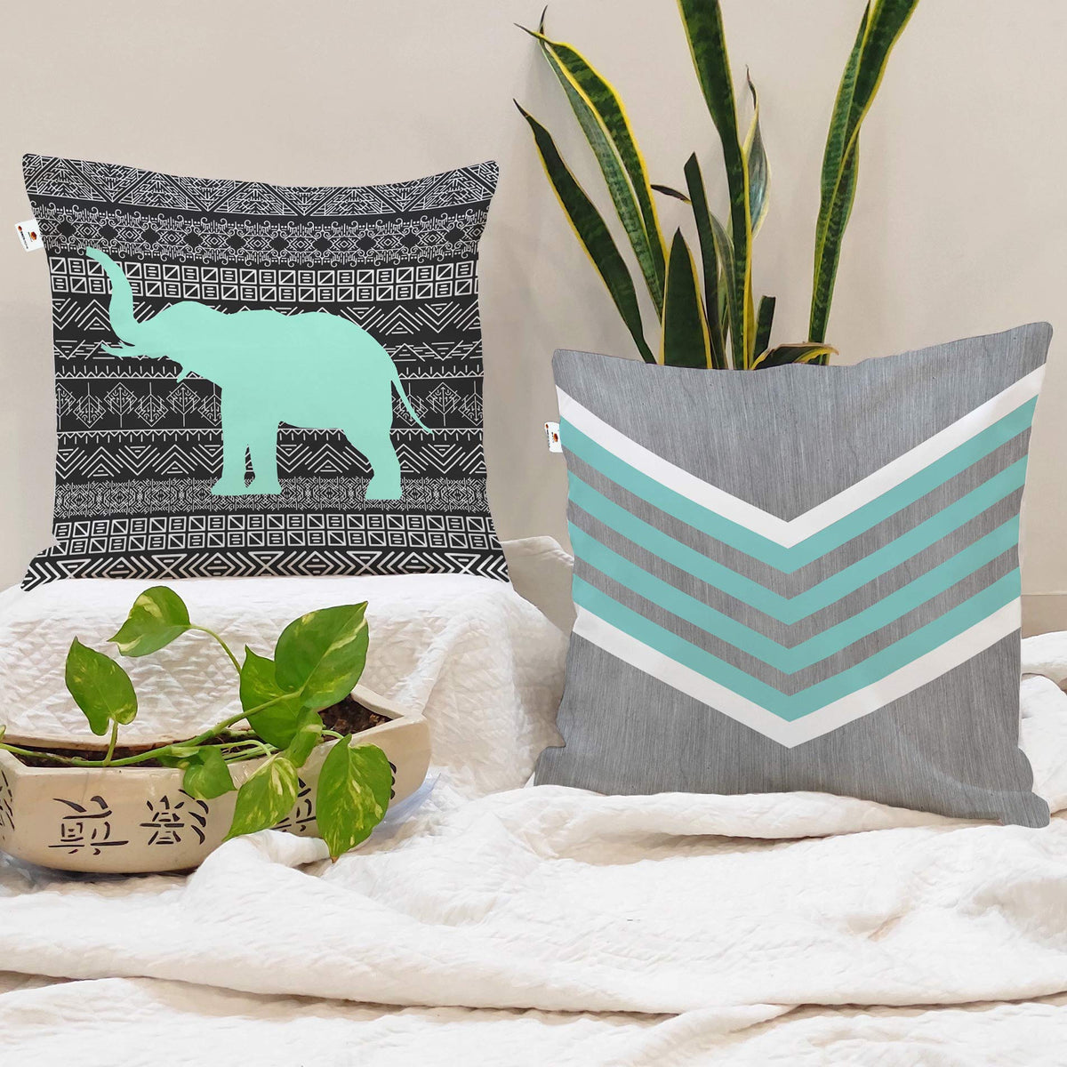 Brick Home Grey Teal Multicolor Printed Poly Cotton Cushion Cover, 24X24 Inches, Set Of 2