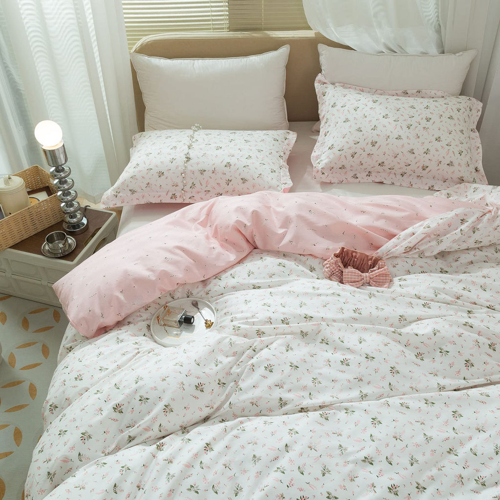 Floral Girls Duvet Cover Full Size Cotton Pink Floral Duvet Cover Chic Garden Flower Bedding Sets Lightweight Soft Aesthetic Flo
