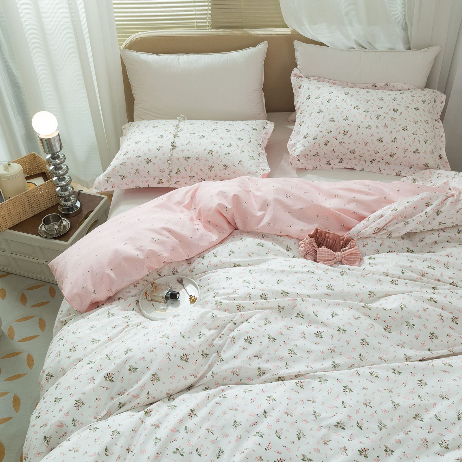 Floral Girls Duvet Cover Full Size Cotton Pink Floral Duvet Cover Chic Garden Flower Bedding Sets Lightweight Soft Aesthetic Flo