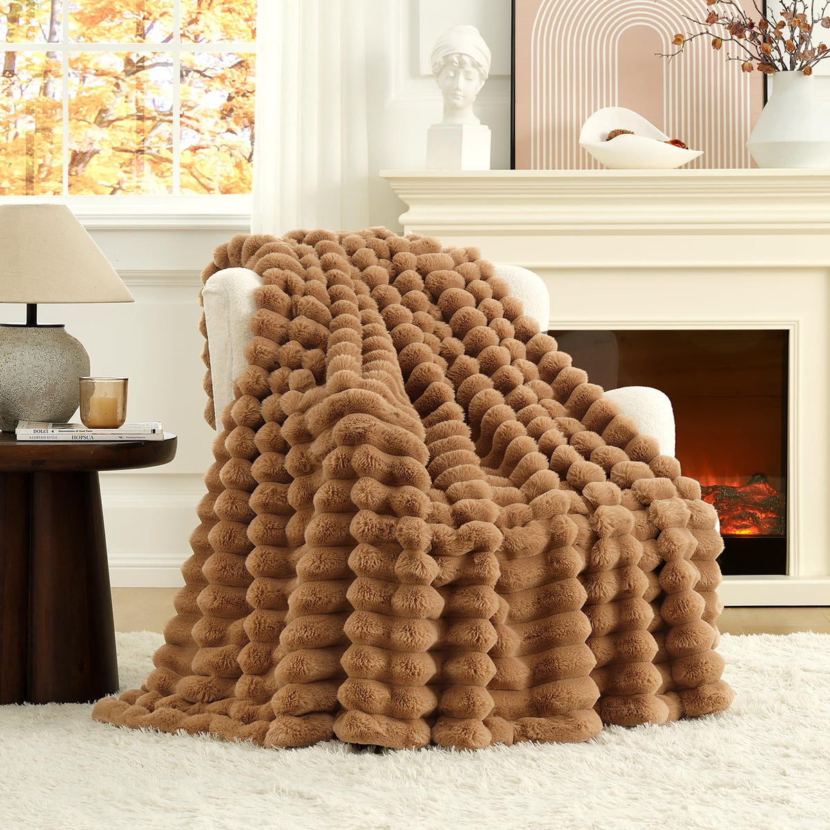 Cozy Bliss Faux Fur Throw Blanket for Couch, Cozy Warm Plush Striped Blanket for Sofa Bedroom Living Room, 50 * 60 Inches Toasty