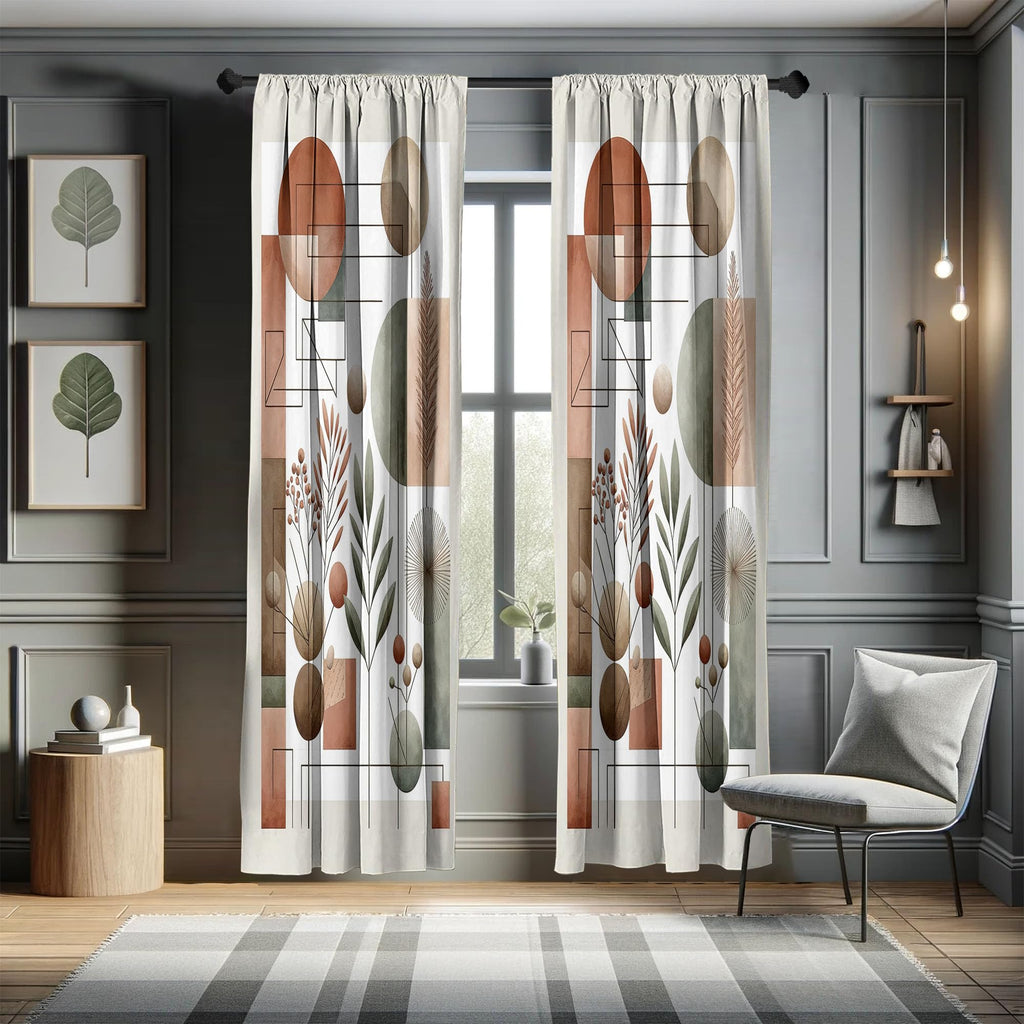 Ambesonne Mid Century Window Curtains Pack Of 2, Modern Boho Vibe Geometric Rounds And Rectangles With Leafy Branches, Lightweig