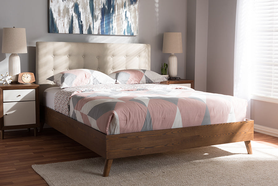 Baxton Studio Alinia Midcentury Retro Modern Light Beige Fabric Upholstered Walnut Wood King Size Platform Bed