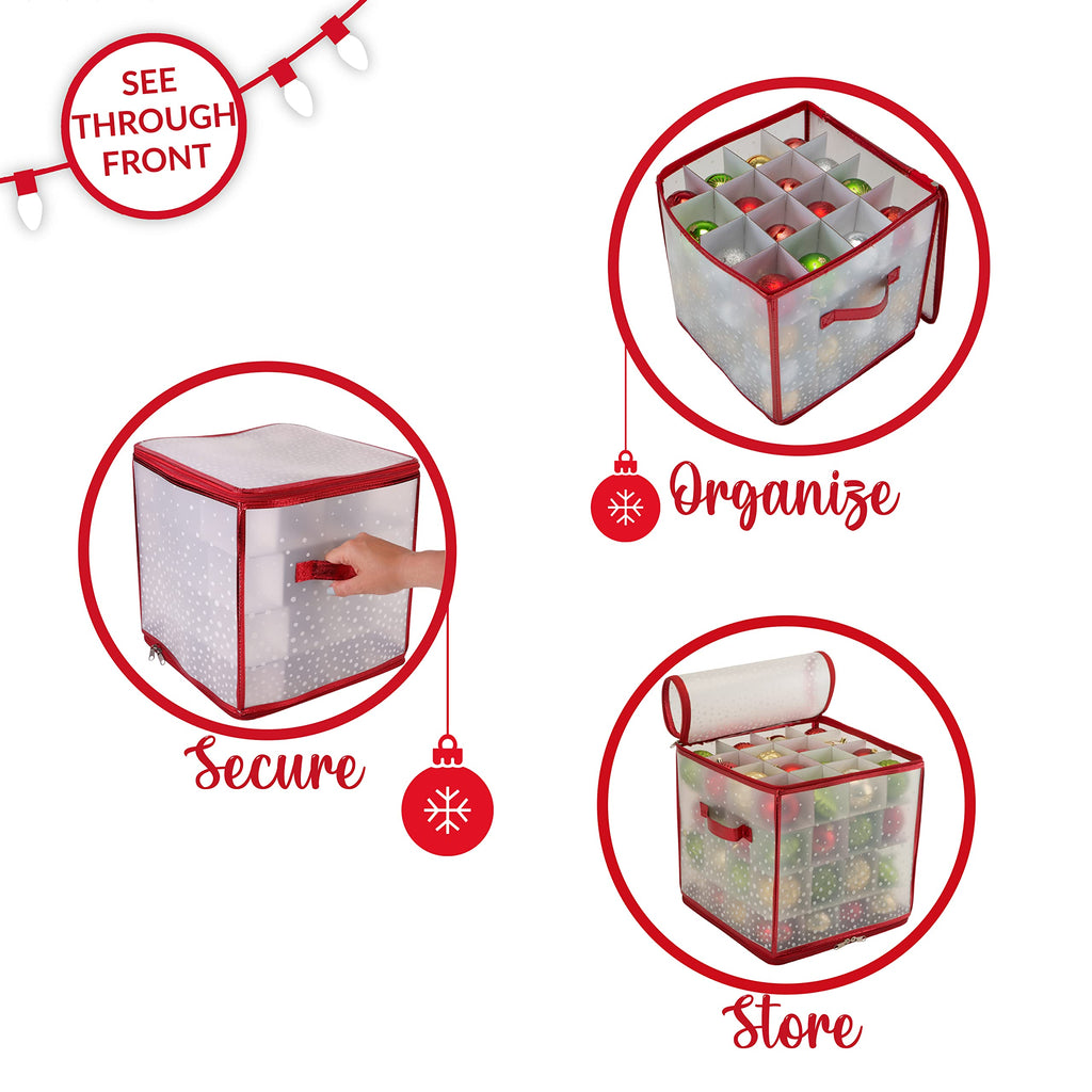 Simplify 64 Count Ornament Storage Box | Plastic | Decorative Organizer | Storage Bin | Red | L12 X W12 X H12