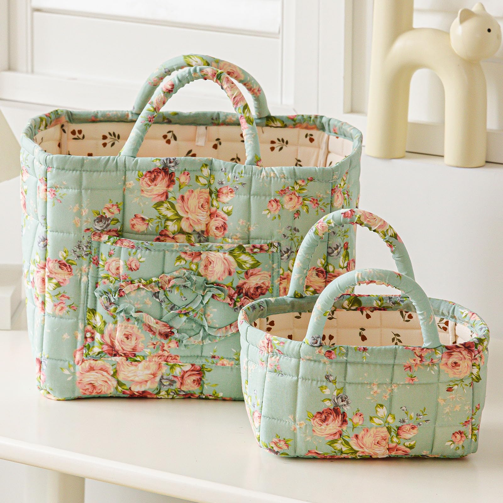 vctops 2 Pack Boho Cotton Quilted Storage Baskets for Organizing, Basket Organizer Gift Basket with Handles, Storage Bins for To