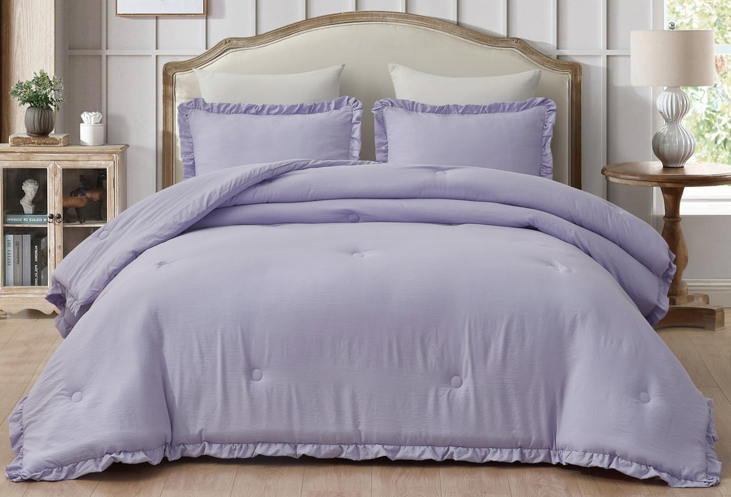 Chezmoi Collection Nora Lavender Comforter Set Oversized King Size 3-Piece Fluffy Soft Lightweight Bedding Ruffled Edge Trim Sto