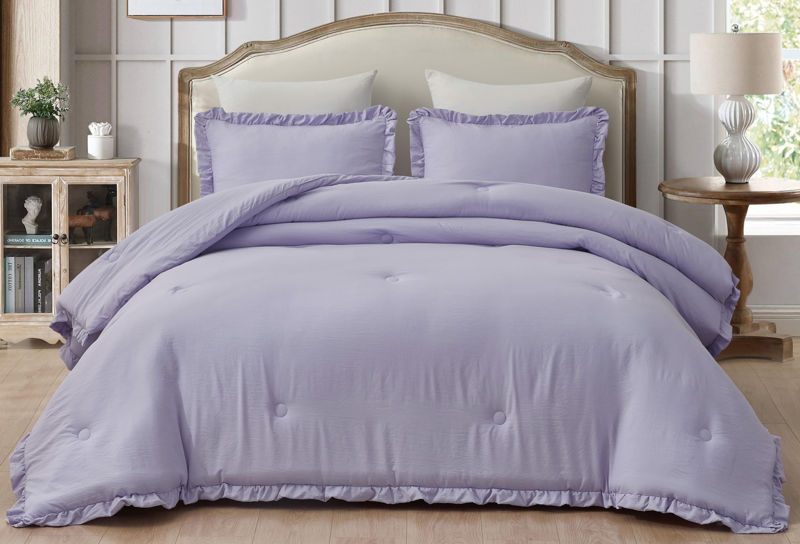 Chezmoi Collection Nora Lavender Comforter Set Oversized King Size 3-Piece Fluffy Soft Lightweight Bedding Ruffled Edge Trim Sto