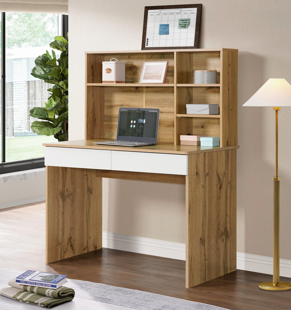 Deckup Sage Study Table And Office Desk (Wotan Oak & White, Matte Finish)