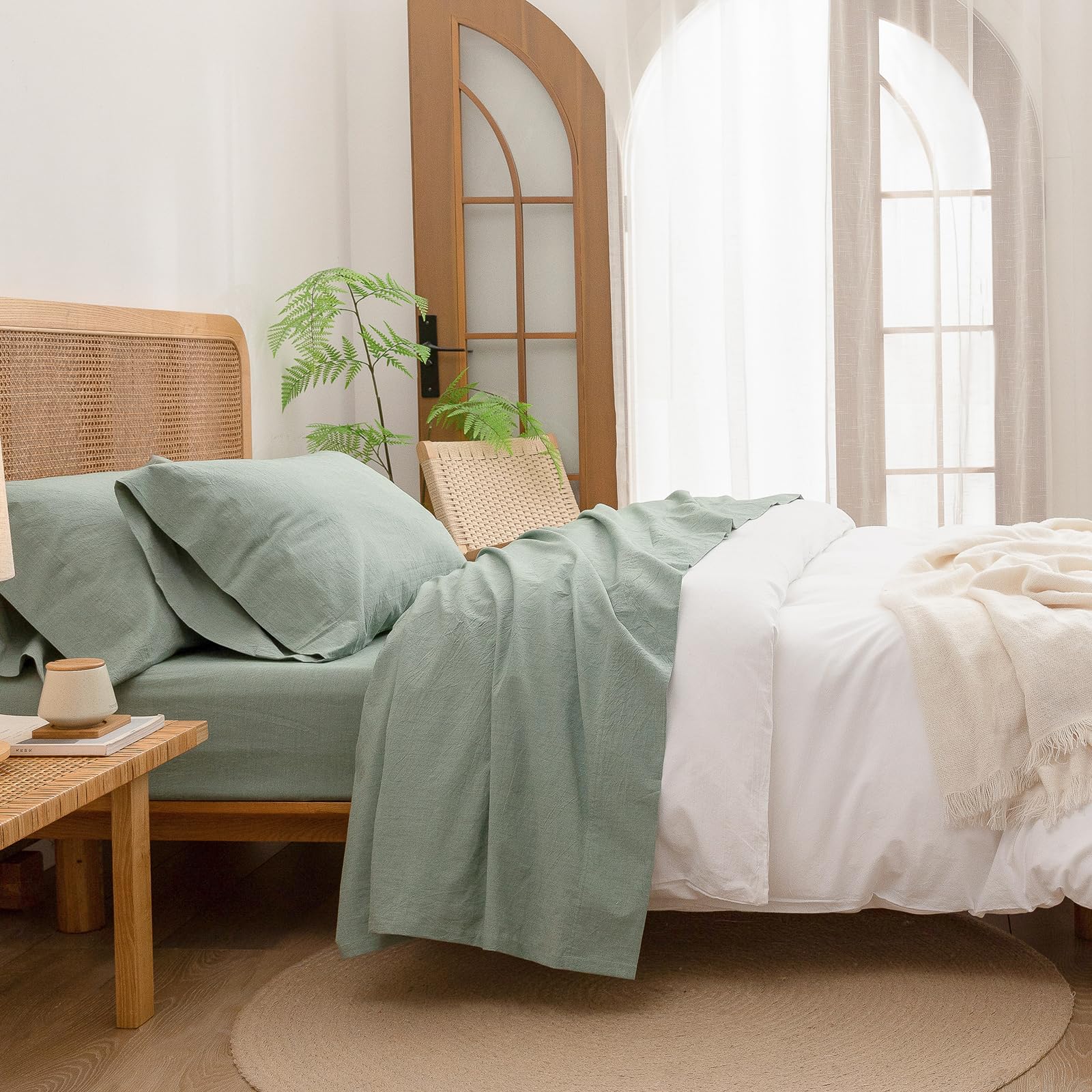 Bestouch Sheet Set 100% Washed Cotton Linen Feel Super Soft Comfortable Chic Lightweight 4 Pcs Home Bedding Set Solid Green Cal