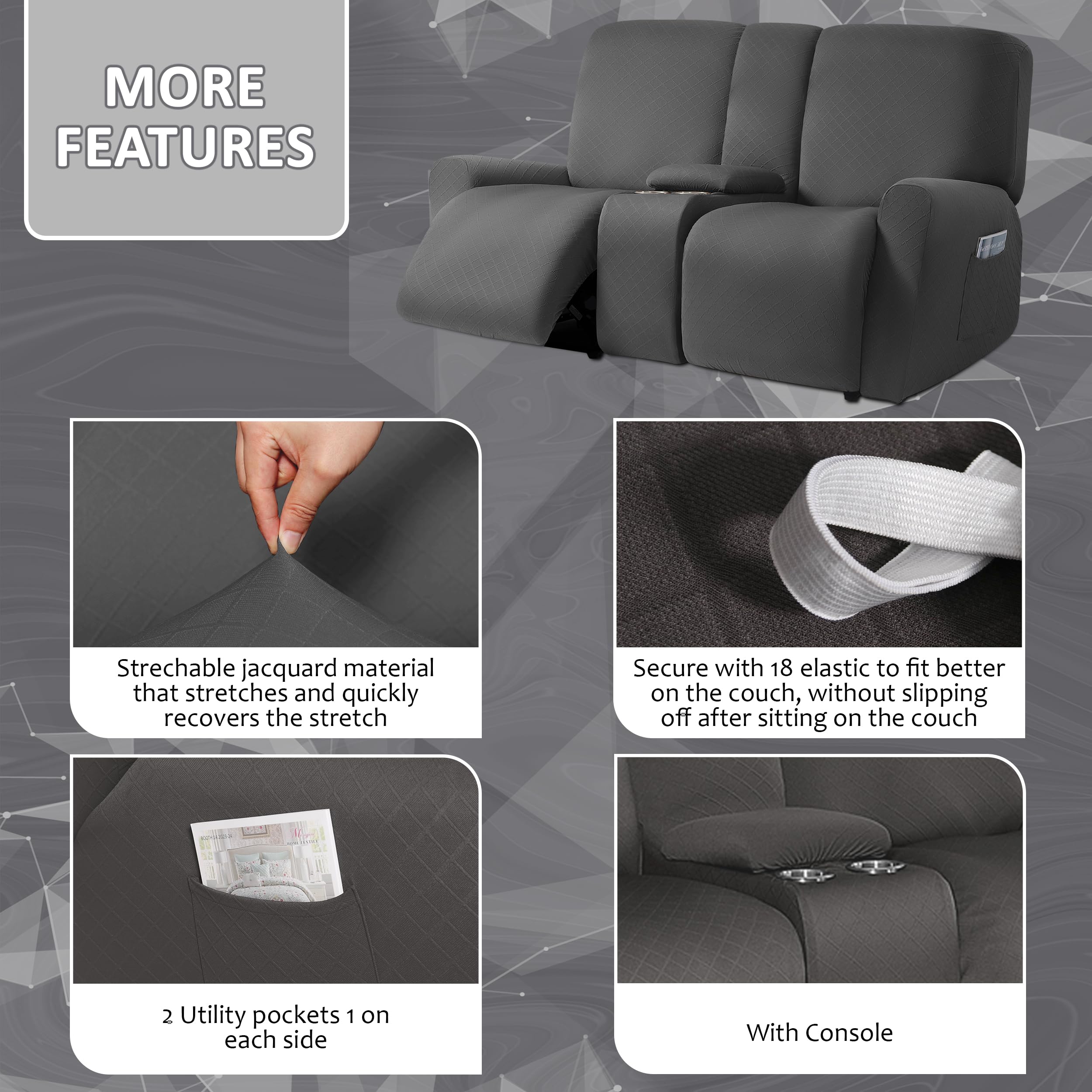 ULTICOR 8-Piece Reclining Loveseat with Console Slipcover, Jacquard Fabric, Dark Grey