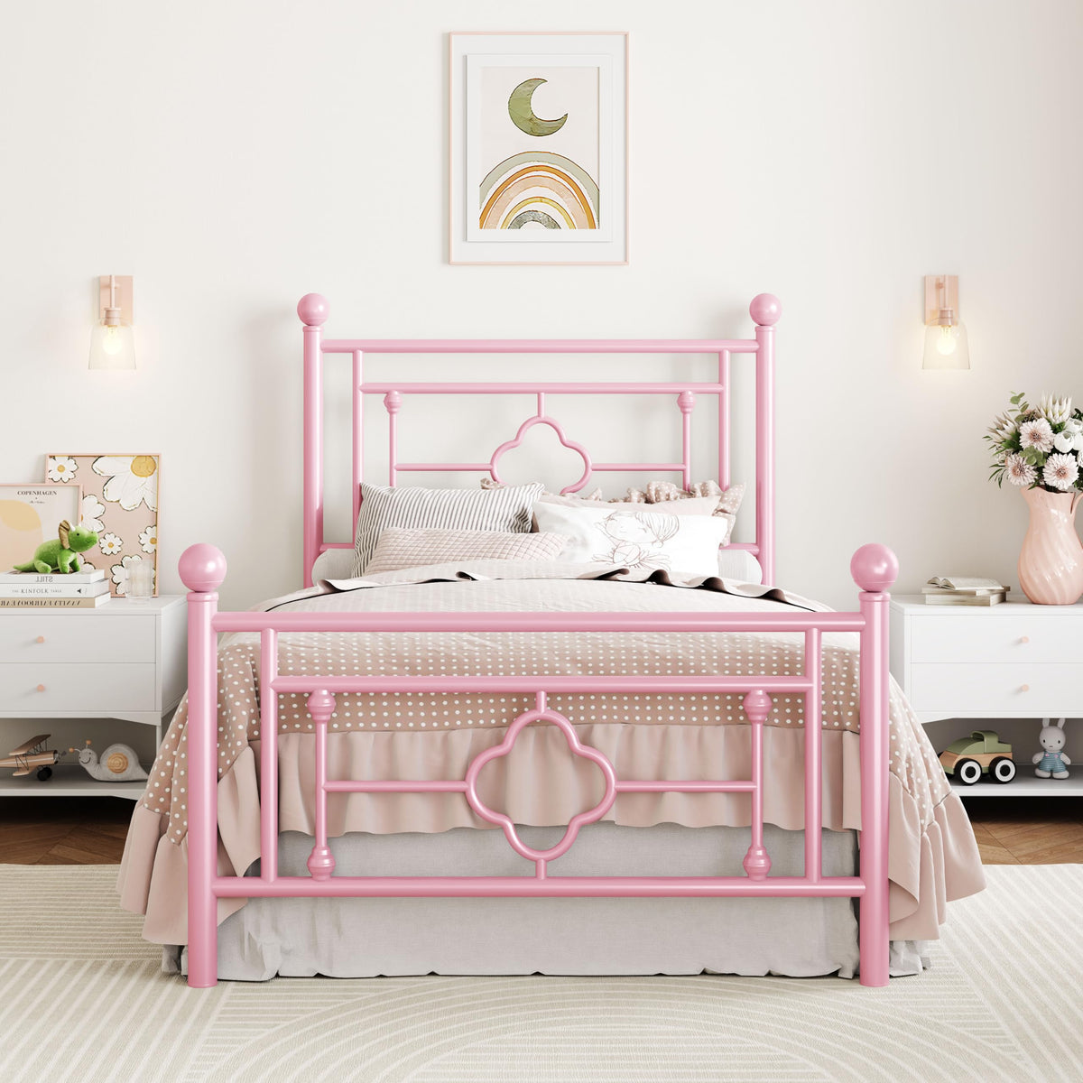 Sha Cerlin 14 Inches Twin Size Metal Platform Bed Frame/Vintage Iron-Art Headboard And Footboard/Mattress Foundation For Storage/No Box Spring Needed/Noise-Free/Easy Assembly/Pink