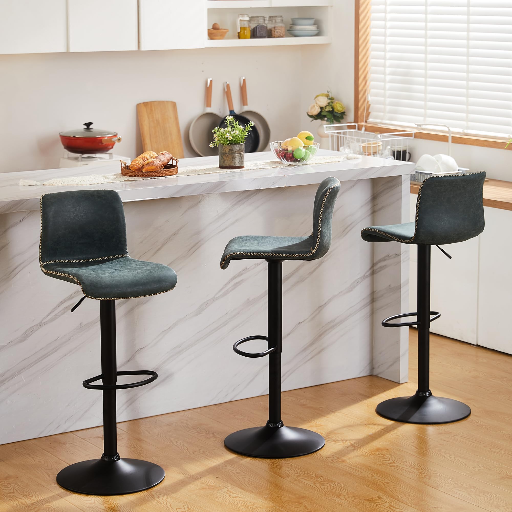 HeuGah Swivel Bar Stools Set of 3, Counter Height Bar Stools with Back, Adjustable Bar Stools 24 to 32, Deep Teal Faux Leather B